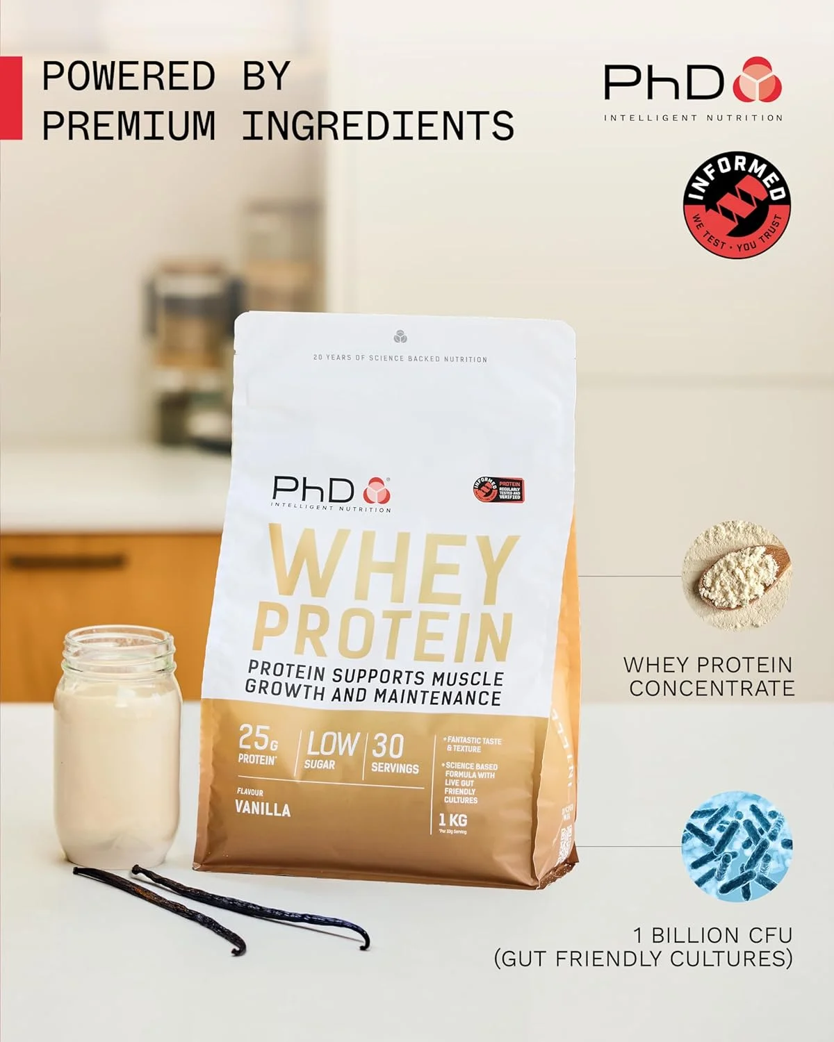 پودر پروتئین وی PhD Nutrition، 1 کیلوگرم، وانیلی - حاوی 25 گرم پروتئین در هر وعده، غنی شده با کشت های پروبیوتیک