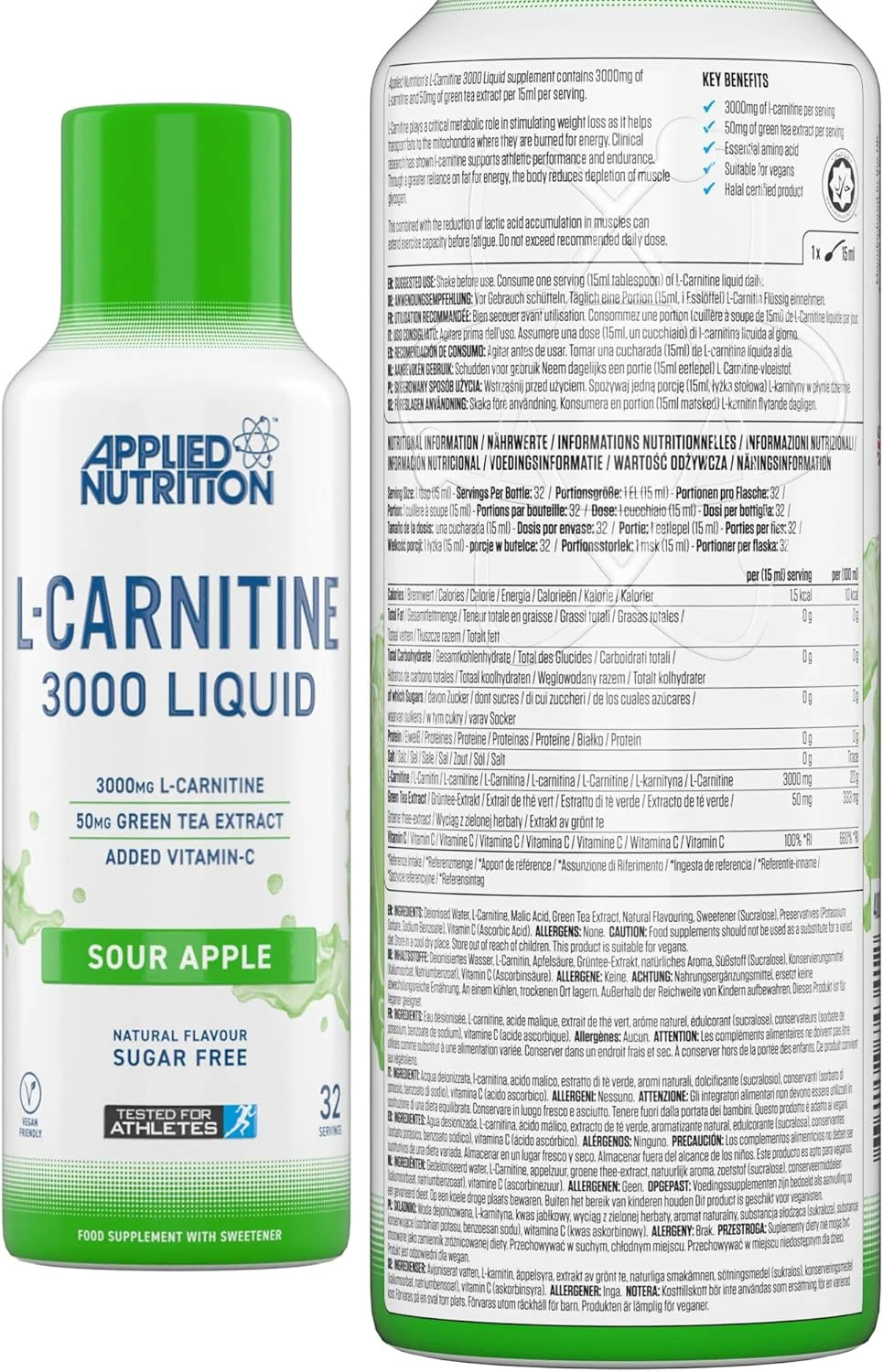 مایع ال-کارنیتین 3000 میلی گرمی Applied Nutrition با طعم سیب ترش، 480 میلی لیتر (بسته 1 عددی)