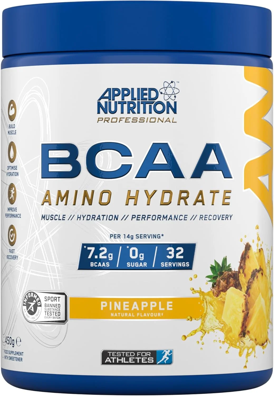 پودر آمینو اسیدهای شاخه دار Applied Nutrition BCAA با ویتامین B6، تامین کننده الکترولیت ها، آمینو هیدرات حین تمرین و پودر نوشیدنی انرژی زا برای ریکاوری 450 گرمی (آناناس)