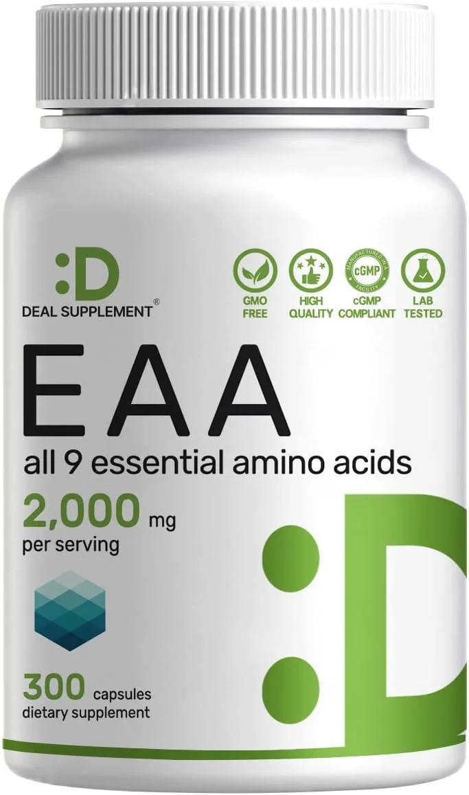 اسیدهای آمینه ضروری (EAA) 2000 میلی گرم در هر وعده، 300 کپسول - بدون طعم - 9 در 1، تمام BCAA ها (آمینوهای زنجیره ای شاخه دار) - پشتیبانی از عضله سازی و مکمل طبیعی قبل از تمرین