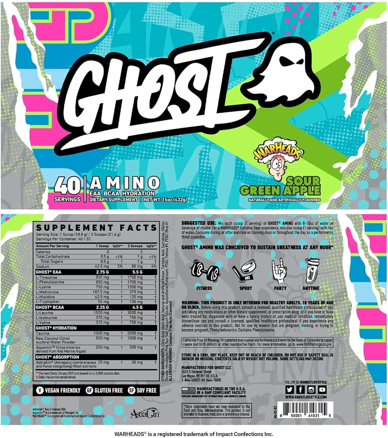 مکمل آمینو اسید ضروری GHOST، طعم سیب ترش Warheads - 20 سروینگ - پودر حین تمرین برای هیدراتاسیون و ریکاوری 4.5 گرم BCAA و 5.5 گرم EAA - فاقد سویا و گلوتن، وگان