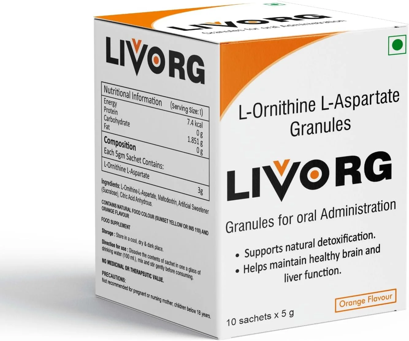 گرانول های ال-اورنیتین ال-آسپارتات لیورگ - مکمل اسیدهای آمینه برای سلامت کبد، 5 گرم در هر وعده، طعم پرتقال
