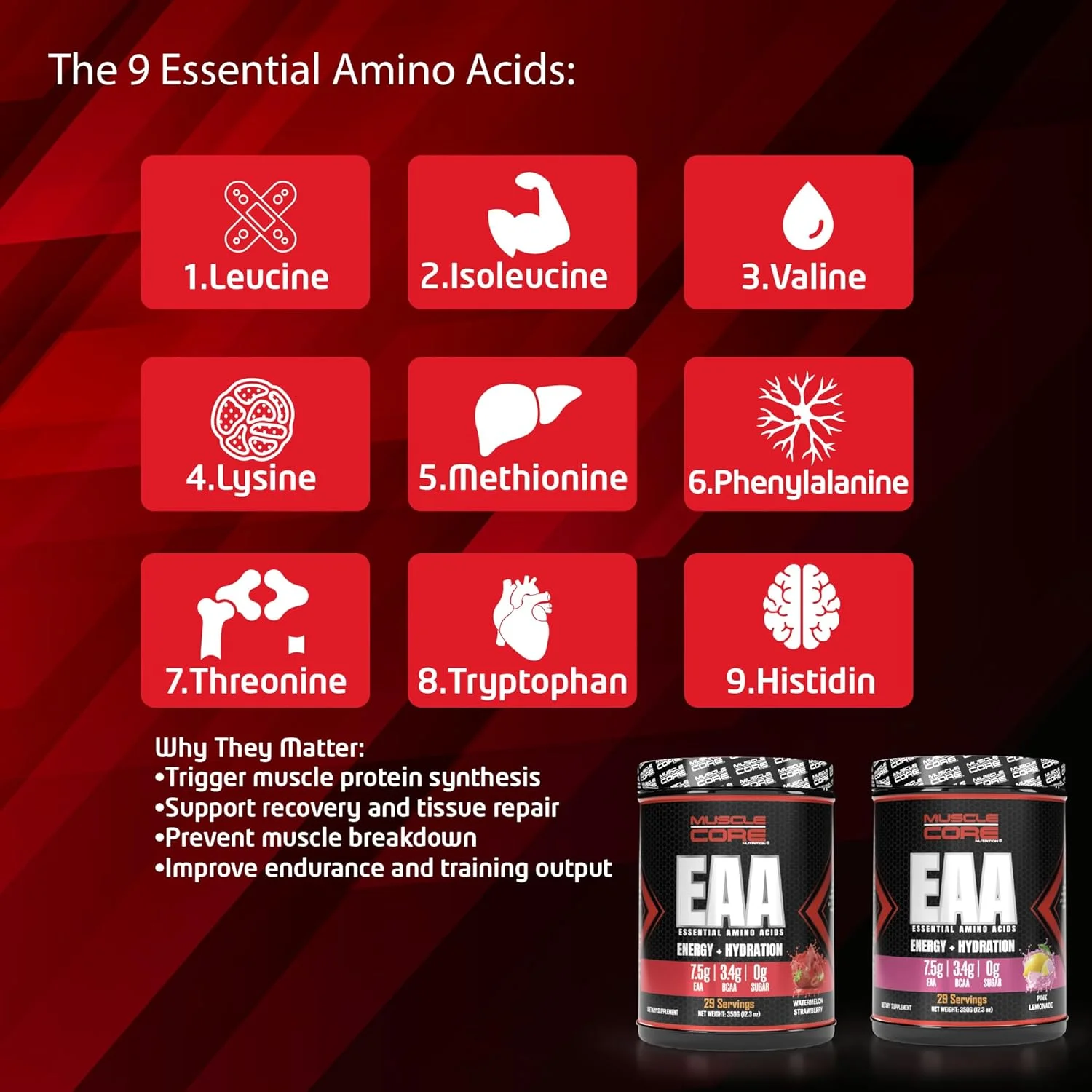 مکمل آمینو اسید ضروری Muscle Core Nutrition EAA وزن 350 گرم | حاوی 9 آمینو اسید ضروری | پشتیبانی از انرژی و هیدراتاسیون | 30 سروینگ، طعم لیموناد صورتی 350 گرم