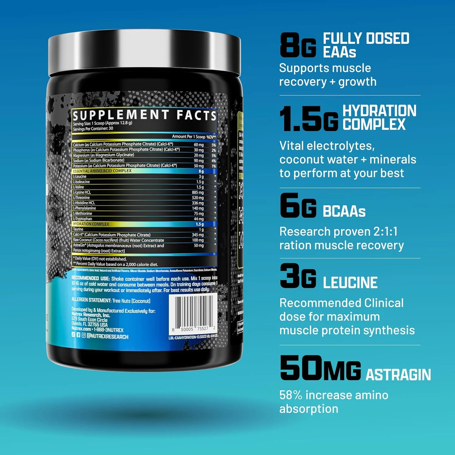 ناترکس ریسرچ EAA Hydration | پودر EAA + BCAA | ریکاوری عضلات، قدرت، عضله سازی، استقامت | 8 گرم آمینو اسیدهای ضروری + الکترولیت ها | بلوبری لیموناد 30 سروینگ