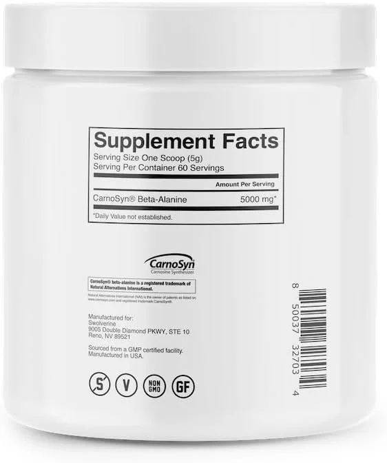 بتا-آلانین Swolverine | کارنوسین، آمینو اسید با رهش فوری، تاخیر در خستگی عضلات، افزایش استقامت عضلانی، بدون طعم، 5 گرم در هر وعده، 300 گرم (60 وعده)