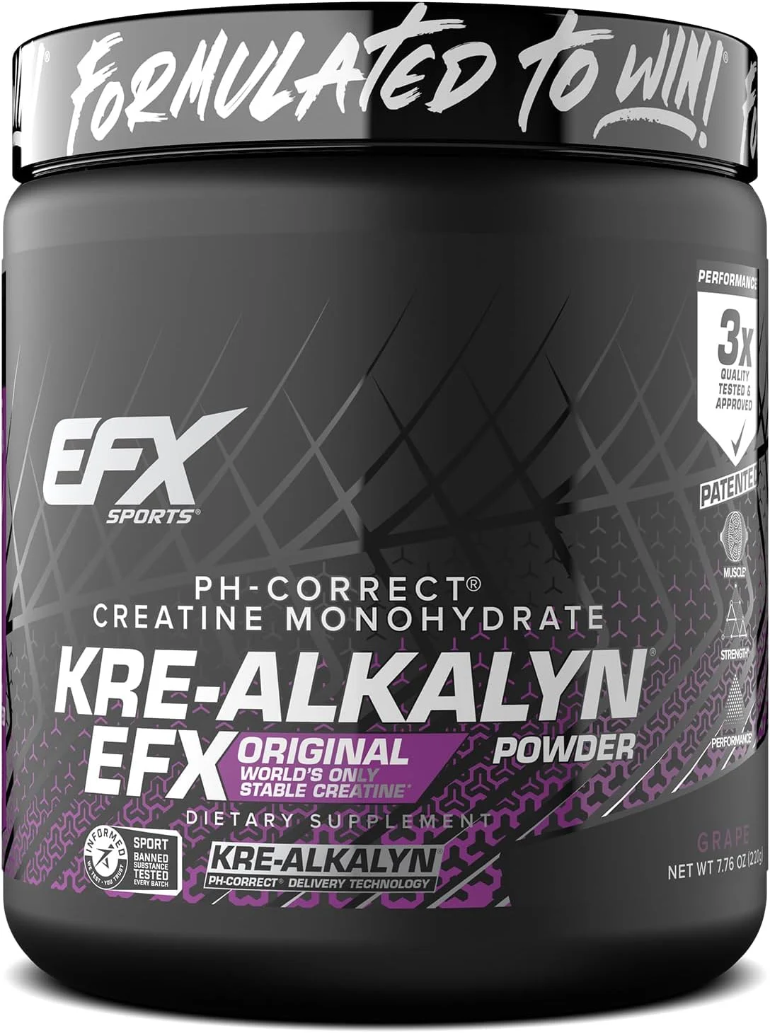 پودر کراتین مونوهیدرات EFX Sports Kre-Alkalyn EFX | مکمل پودری کراتین مونوهیدرات با pH اصلاح شده | افزایش قدرت، رشد عضلات و عملکرد | 110 سروینگ (انگور)