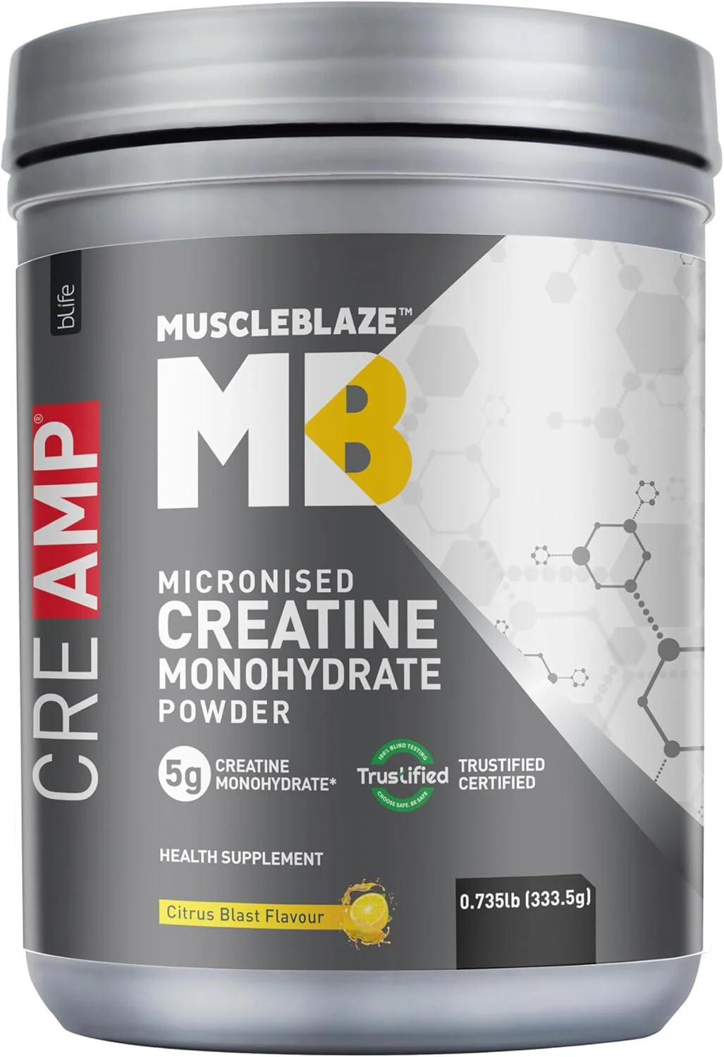 کراتین مونوهیدرات میکرونیزه MuscleBlaze CreAMP (طعم انفجار مرکبات، 333.5 گرم)