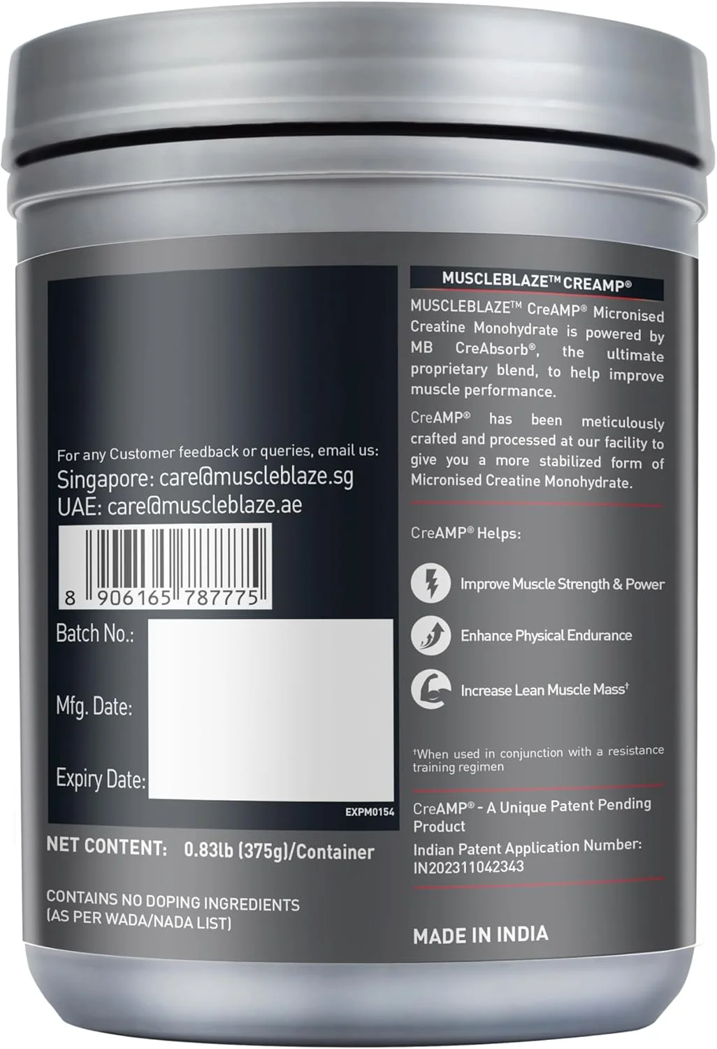 کراتین مونوهیدرات میکرونیزه MuscleBlaze CreAMP (طعم هندوانه، 375 گرم)