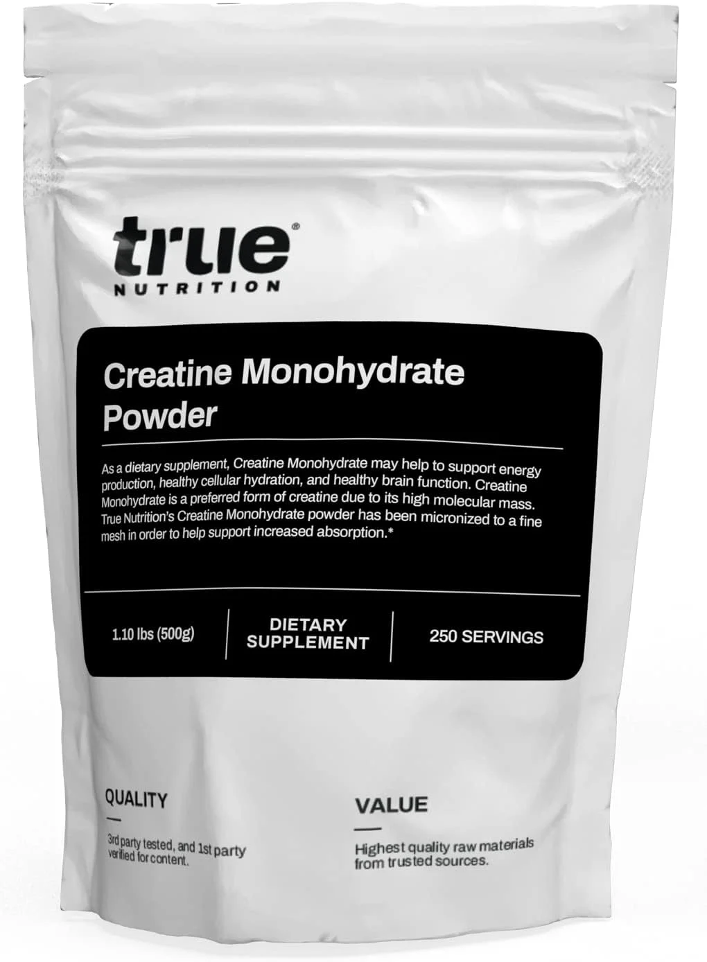 پودر کراتین مونوهیدرات True Nutrition - پودر کراتین میکرونیزه - افزایش حجم عضلانی، قدرت ماهیچه ها و شدت تمرینات - مکمل قبل و بعد از تمرین - 500 گرم