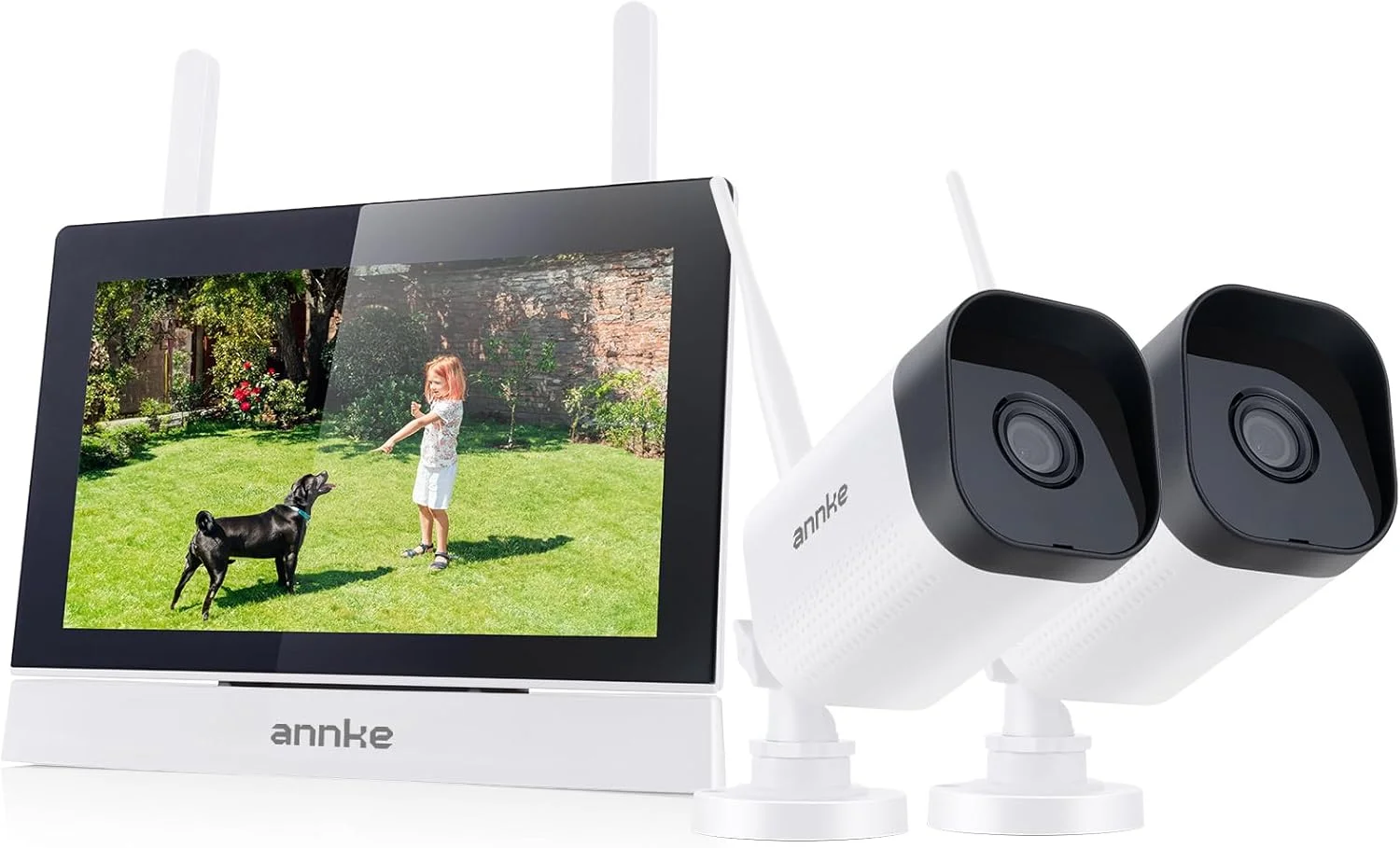سیستم دوربین مداربسته بی سیم ANNKE، مانیتور LCD "7، صفحه لمسی IPS نظارتی WiFi 4 کاناله با 2 عدد دوربین IP 3 مگاپیکسلی فضای باز، دید در شب 30 متری، صدای دو طرفه، تشخیص حرکت، کارت SD 64 گیگابایتی شامل
