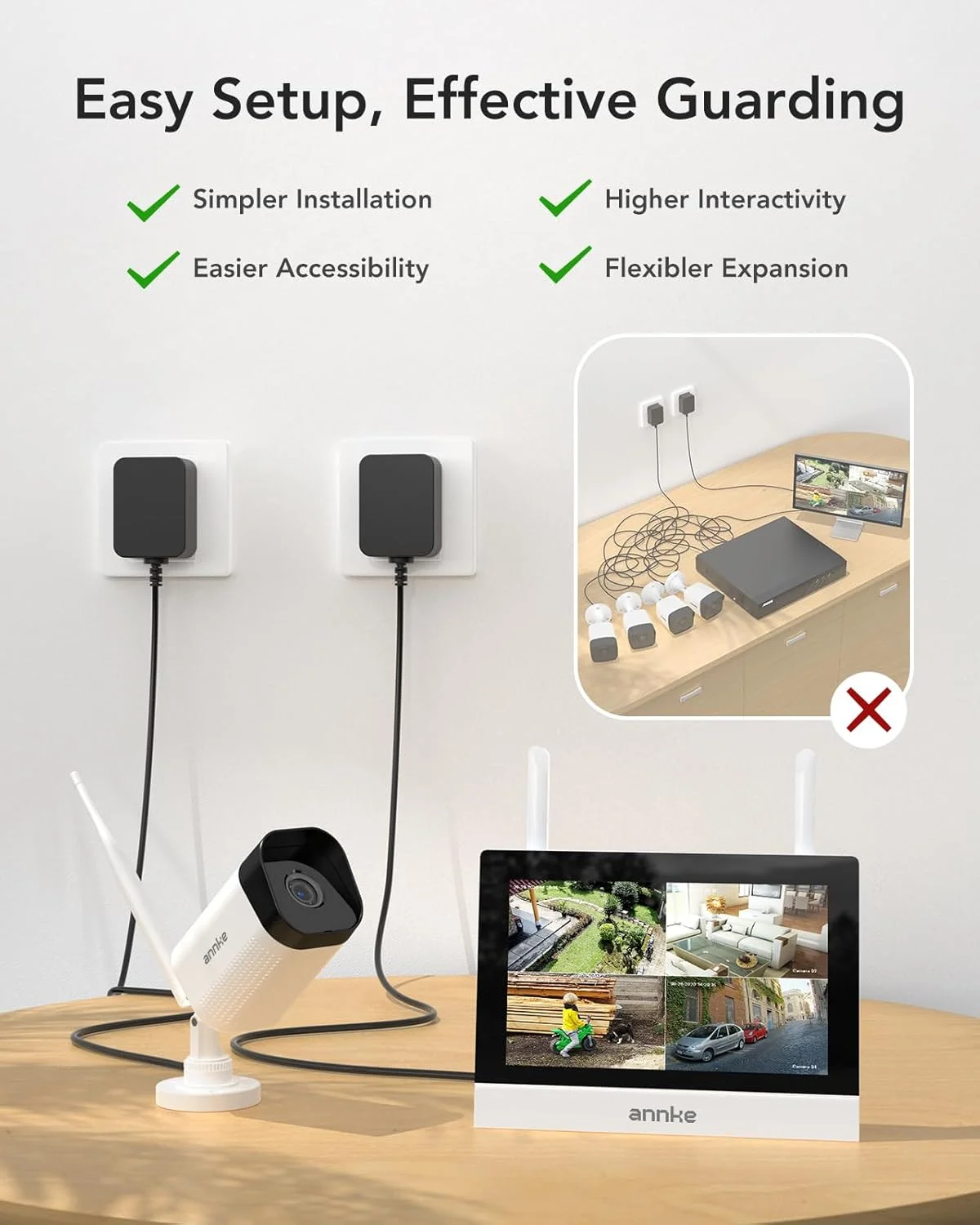 سیستم دوربین مداربسته بی سیم ANNKE، مانیتور LCD "7، صفحه لمسی IPS نظارتی WiFi 4 کاناله با 2 عدد دوربین IP 3 مگاپیکسلی فضای باز، دید در شب 30 متری، صدای دو طرفه، تشخیص حرکت، کارت SD 64 گیگابایتی شامل