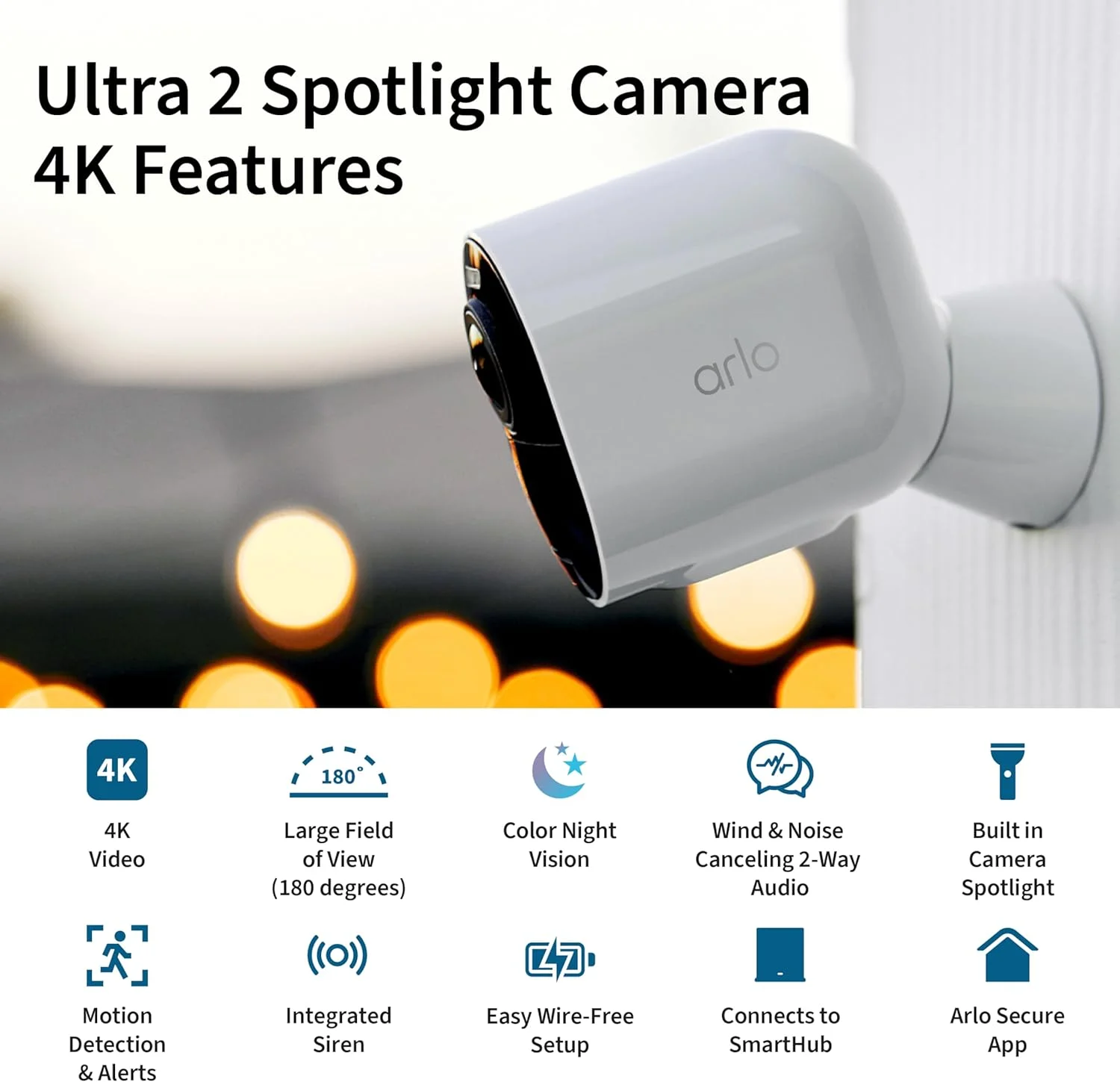 دوربین امنیتی خانگی بیسیم Arlo Ultra 2 Spotlight Camera 4K HDR (فقط دوربین، SmartHub جداگانه فروخته میشود و برای کارکرد مورد نیاز است) دید 180 درجه، صدای دو طرفه، مشکی - تصویر 2 دوربین امنیتی خانگی بیسیم Arlo Ultra 2 Spotlight Camera 4K HDR (فقط دوربین، SmartHub جداگانه فروخته میشود و برای کارکرد مورد نیاز است) دید 180 درجه، صدای دو طرفه، مشکی - تصویر 2