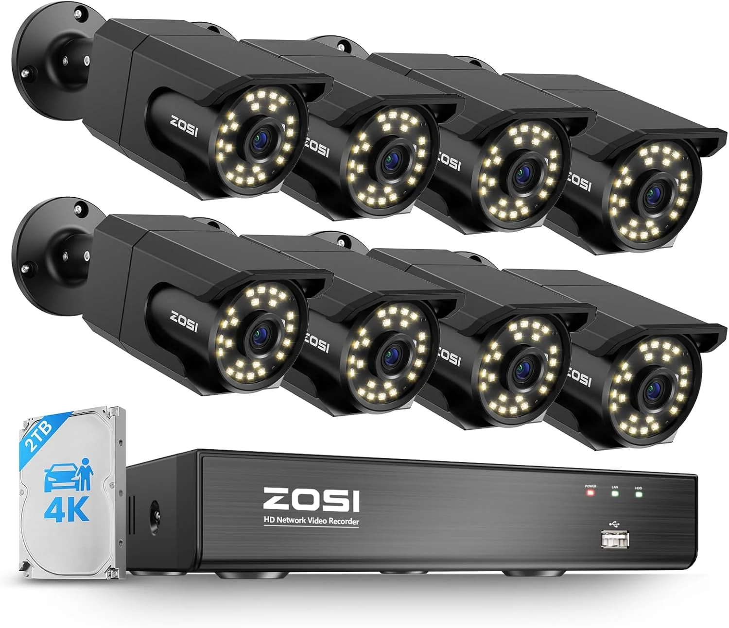 سیستم دوربین مداربسته تحت شبکه 4K زوسی، دستگاه ضبط NVR هشت کاناله H.265+ با هارد دیسک 2 ترابایتی (قابل ارتقا به 16 کانال)، 8 عدد دوربین تحت شبکه PoE هشت مگاپیکسلی سیمی مناسب فضای داخلی و خارجی، تشخیص انسان/چهره/خودرو، صدای یک طرفه، دید در شب رنگی، نورافکن