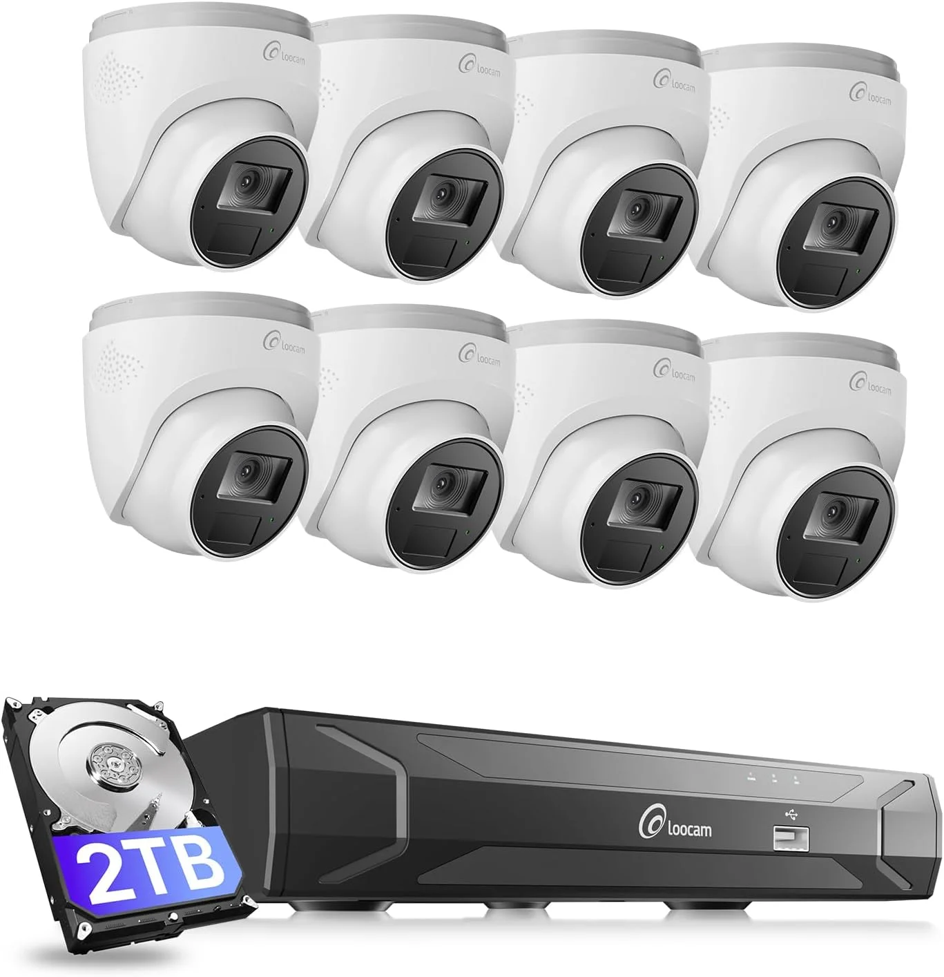 سیستم دوربین مداربسته خانگی PoE لووکام 8 کانال 5 مگاپیکسل NVR، بسته 8 عددی دوربین های دام 4 مگاپیکسلی IP مناسب فضای باز و داخلی، تشخیص هوشمند انسان با هوش مصنوعی، صدا
