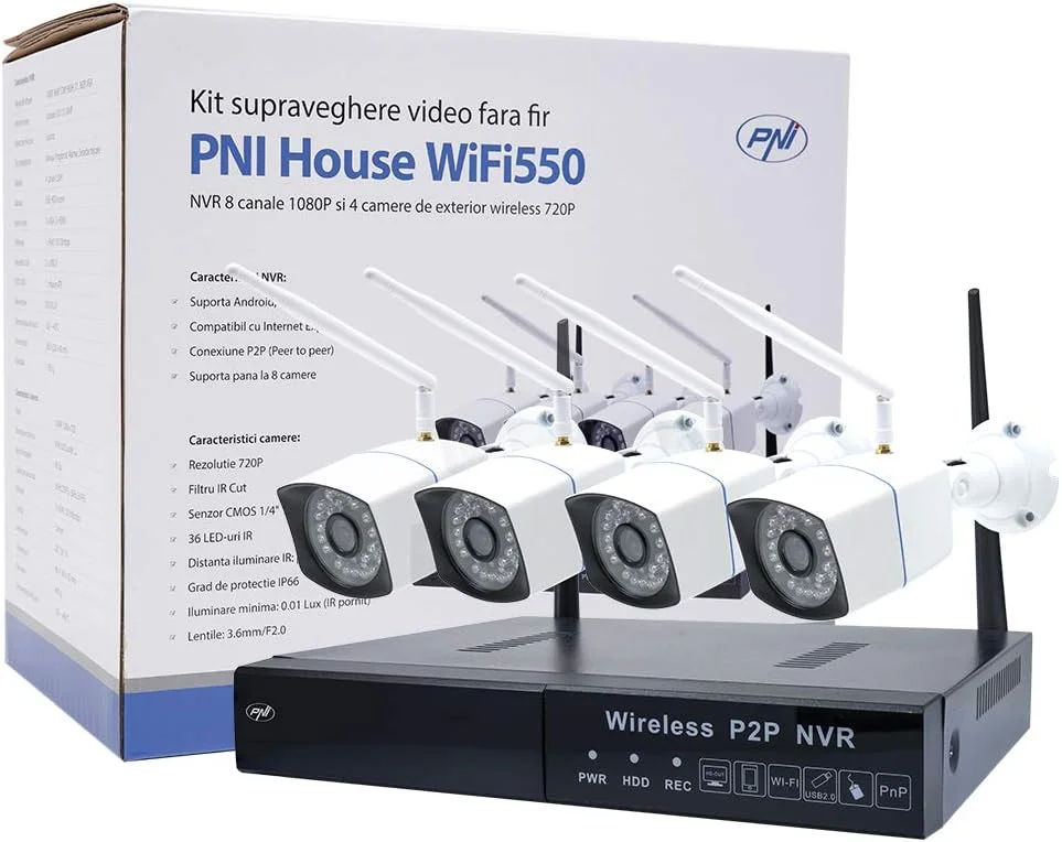سیستم نظارت بی‌سیم 8 کاناله PNI مدل WF550، کنترل از طریق اپلیکیشن Danale، سیستم‌های ویدیویی 1080P + 4 عدد دوربین IP یک مگاپیکسلی، کیت NVR وای‌فای، دید در شب، تشخیص حرکت، P2P، IP66 (بدون هارد دیسک)