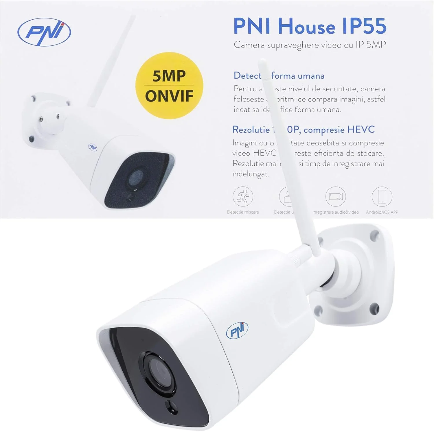 دوربین مداربسته PNI مدل House IP55، بی سیم 5 مگاپیکسل، مناسب فضای داخلی و خارجی، دارای استاندارد IP و درگاه microSD و حالت دید در شب
