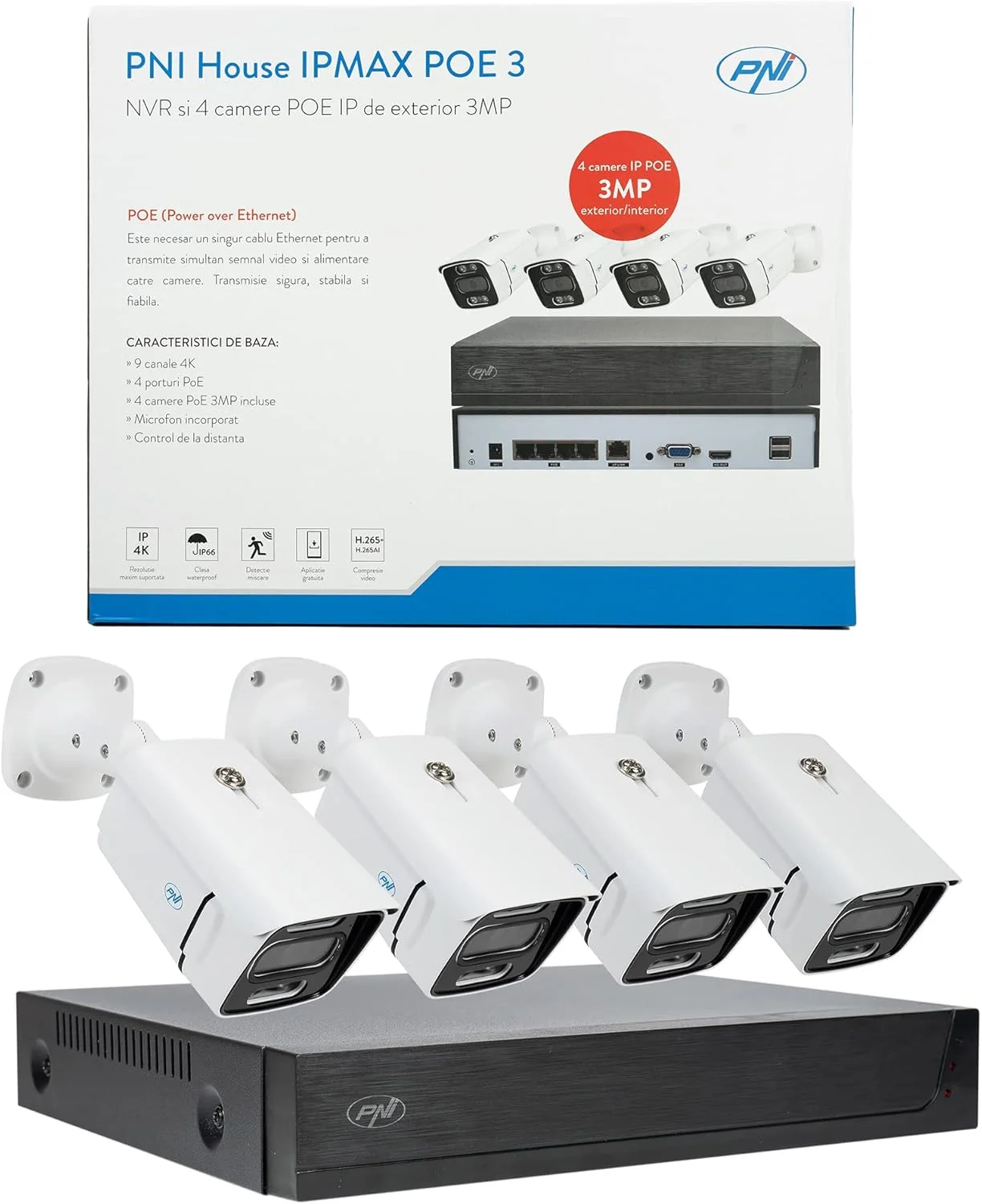 کیت نظارت تصویری PNI House IPMAX POE 3، NVR با 4 پورت POE و 4 دوربین با IP 3MP، مناسب فضای باز، Power over Ethernet
