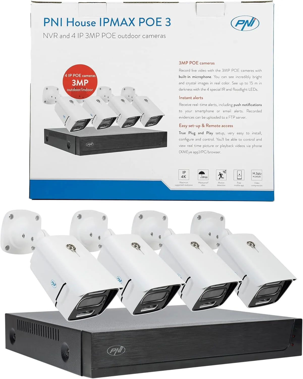 کیت نظارت تصویری PNI House IPMAX POE 3، NVR با 4 پورت POE و 4 دوربین با IP 3MP، مناسب فضای باز، Power over Ethernet