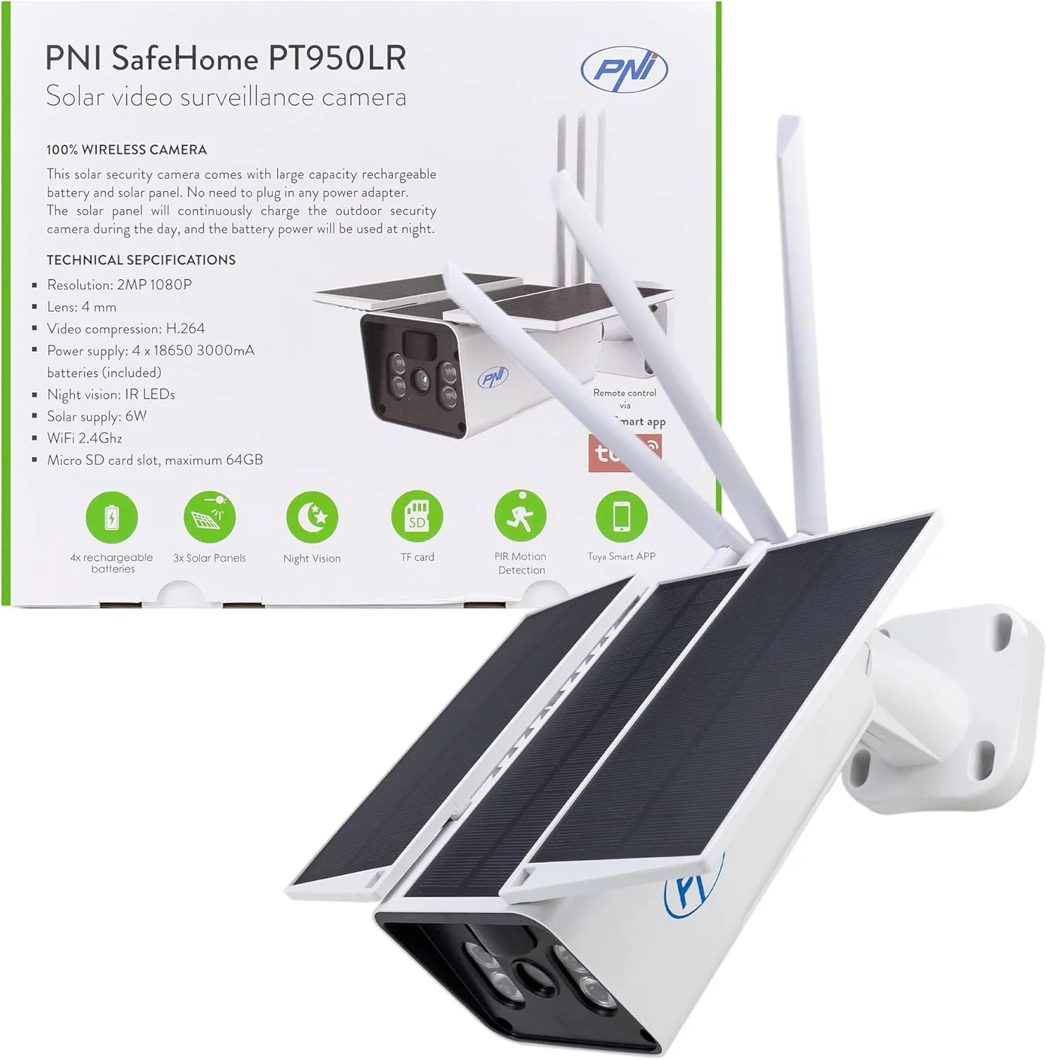 دوربین مداربسته وای فای PNI SafeHome PT950LR 1080P 2MP به همراه پنل خورشیدی 6 واتی و باتری