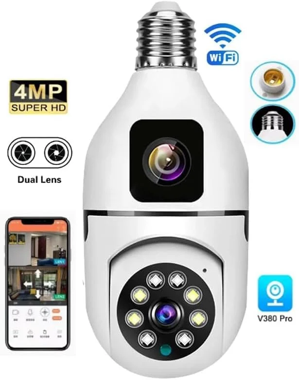 لامپ دوربین مداربسته دو لنز 360 درجه پانوراما E27 WiFi CCTV | دوربین هوشمند IP بی سیم با تشخیص حرکت، صدای دو طرفه و دید در شب | پشتیبانی از برنامه Baby Monitor V380