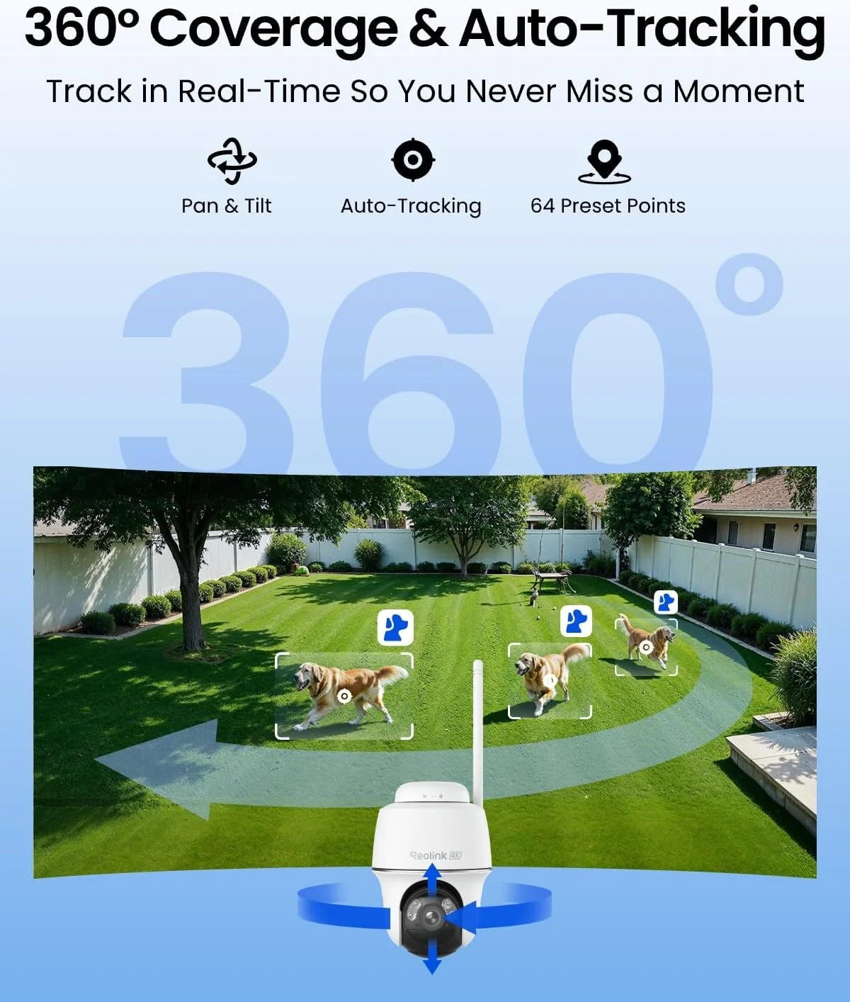 دوربین مداربسته خورشیدی 4K بی سیم فضای باز REOLINK، دوربین مداربسته با قابلیت چرخش 360 درجه، ردیابی خودکار، دید در شب رنگی، تشخیص هوشمند، وای فای 2.4/5 گیگاهرتز، بدون هزینه ماهانه، Argus PT Ultra + پنل خورشیدی 3 واتی - تصویر 3