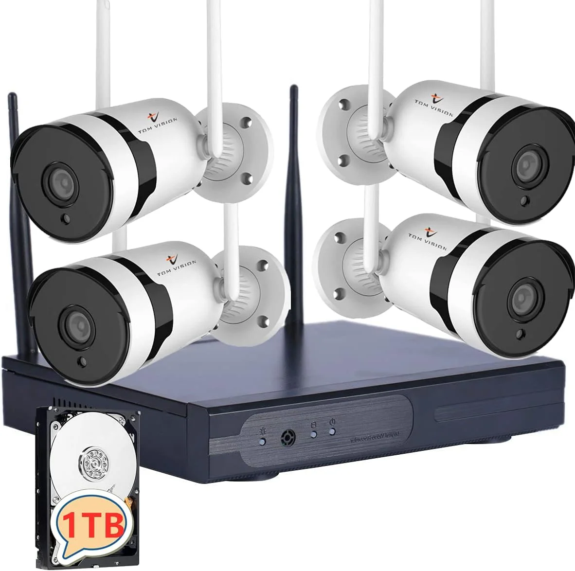 سیستم نظارت بی سیم Tomvision IP66 دوربین مداربسته خانگی WIFI دید در شب تمام رنگی آنتن دوتایی صوتی دو طرفه تشخیص حرکت هوشمند، NVR قابل ارتقا 8CH و 4 عدد دوربین بولت 3.0MP (هارد دیسک 1 ترابایتی)