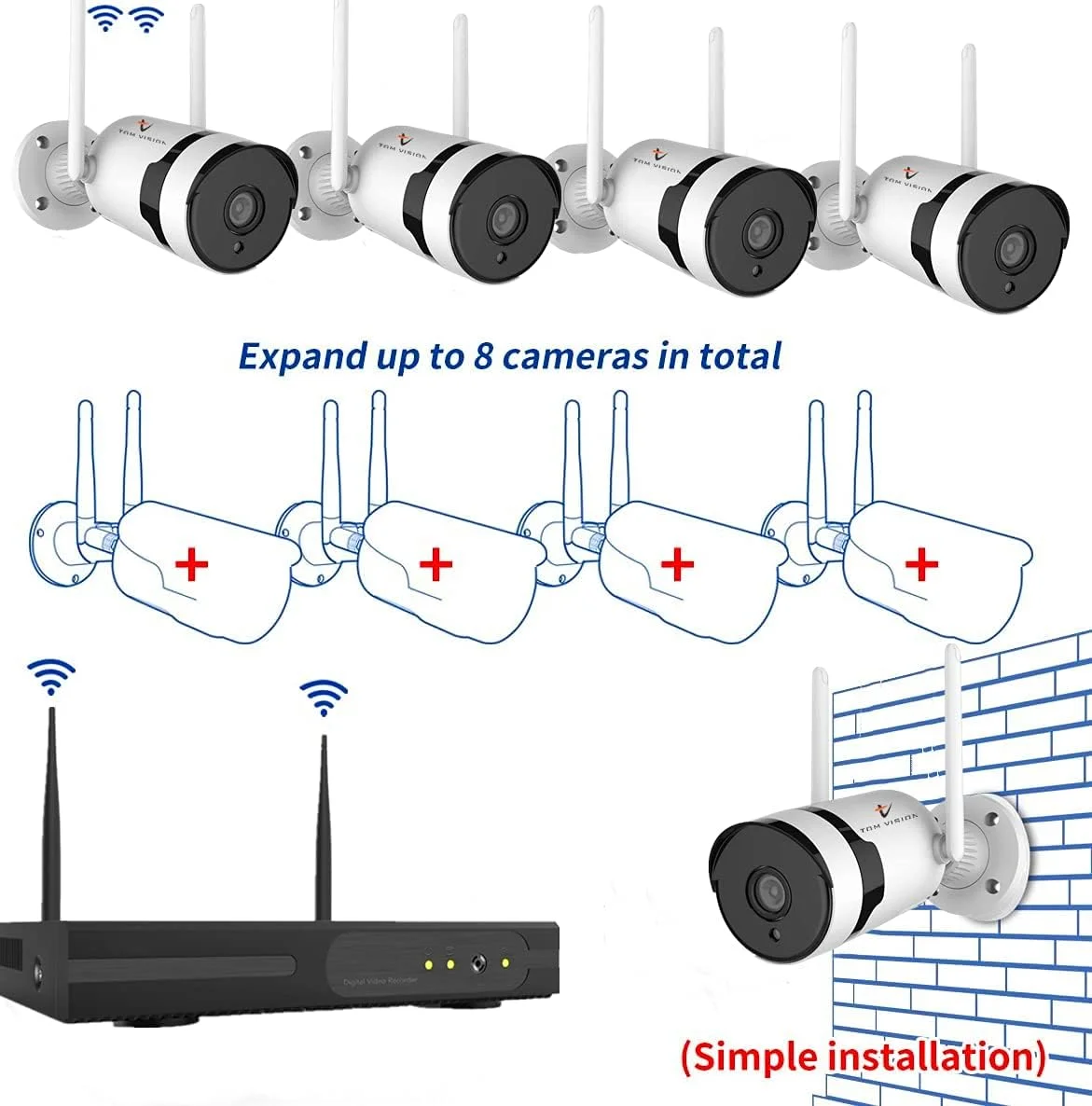سیستم نظارت بی سیم Tomvision IP66 دوربین مداربسته خانگی WIFI دید در شب تمام رنگی آنتن دوتایی صوتی دو طرفه تشخیص حرکت هوشمند، NVR قابل ارتقا 8CH و 4 عدد دوربین بولت 3.0MP (هارد دیسک 1 ترابایتی)