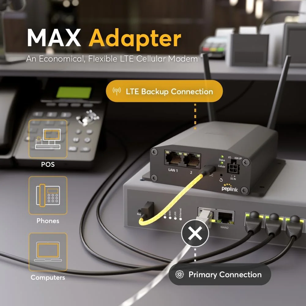 مودم سلولار LTE آداپتور Peplink MAX | مودم مقاوم، قابل حمل و بادوام 150 مگابیت بر ثانیه با اسلات سیم کارت و eSIM | افزودن قابلیت اطمینان به شبکه شما | اتصالات اترنت، USB-C