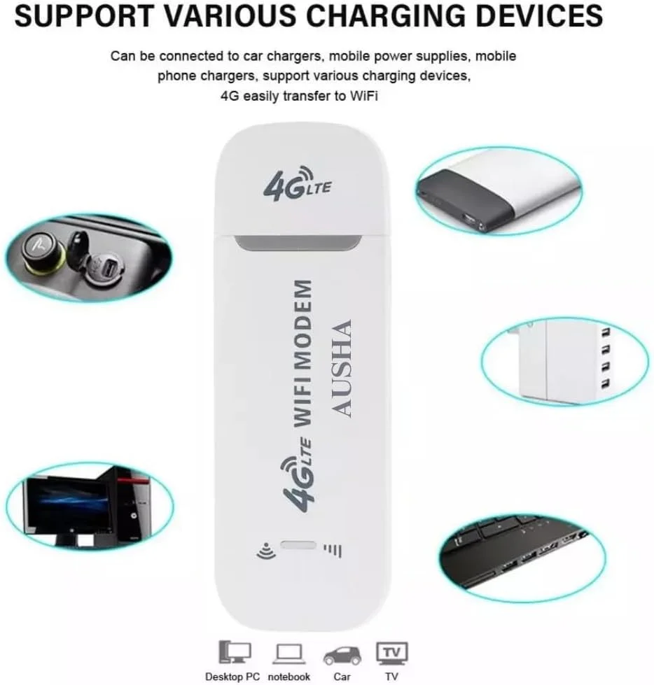 مودم بی سیم 4G قابل حمل پرسرعت AUSHA® - دانگل وای فای 4G با سرعت 150 مگابیت بر ثانیه، پشتیبانی از تمام سیم کارت ها، روتر وای فای، اتصال تا 10 دستگاه، دستگاه هات اسپات وای فای