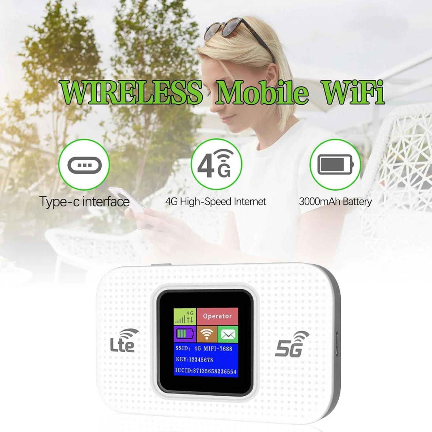 مودم وای فای 4G LTE سوراندی، مودم حرفه ای پرسرعت 300 مگابیت بر ثانیه با صفحه نمایش رنگی برای تلفن همراه، تبلت، لپ تاپ، هات اسپات وای فای قابل حمل، باتری 3000 میلی آمپر ساعت