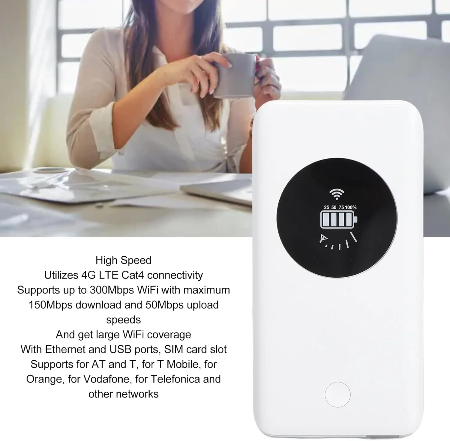 وایکای هات‌اسپات وای‌فای قابل حمل، روتر موبایل 4G LTE 300Mbps با اسلات کارت نانو سیم، 10000MAh برای مسافرت، پشتیبانی از 10 دستگاه وای‌فای، منبع تغذیه USB C