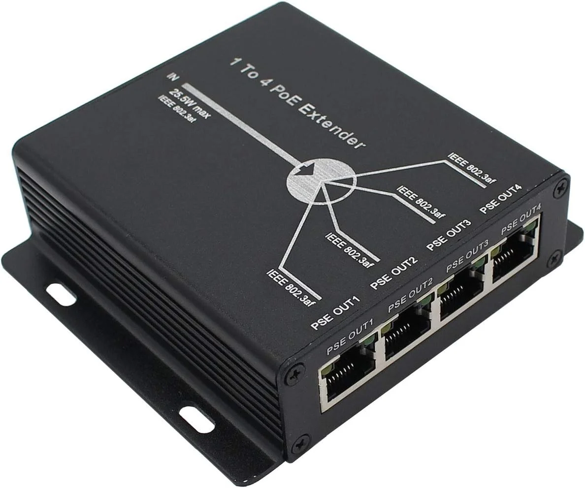 افزایش دهنده POE RJ45 با 4 پورت 10/100M IEEE802.3at (ورودی برق) به IEEE802.3af (خروجی برق) برای اترنت/POE Power AP، دوربین IP، تلفن IP و سایر تجهیزات شبکه