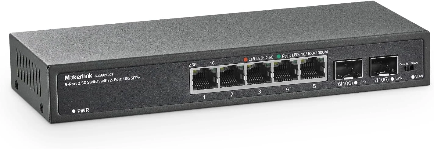 سوئیچ اترنت 5 پورت 2.5 گیگابیتی MokerLink با 2 اسلات SFP+ 10G، 5 پورت Base-T 2.5G، جداسازی VLAN، سوئیچ شبکه کوچک فلزی بدون فن و غیرقابل مدیریت