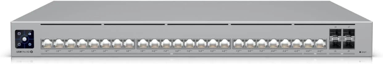 سوییچ اترنت لایه 3 با نورپردازی حرفه ای Ubiquiti Networks Pro HD 24 PoE با (2) پورت 10 GbE PoE++، (22) پورت 2.5 GbE PoE++ و (4) پورت 10G SFP+