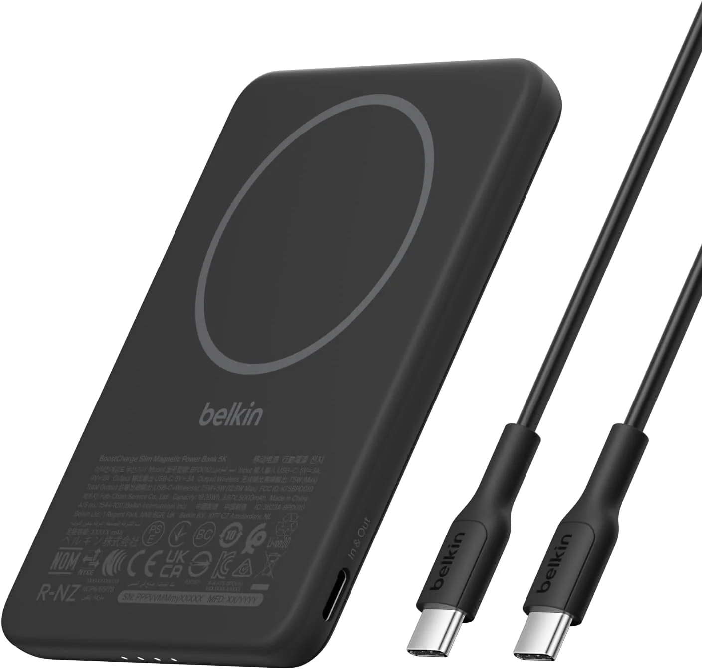 پاور بانک مغناطیسی بلکین BoostCharge با ظرفیت 5000 میلی آمپر ساعت، شارژر قابل حمل باریک با حلقه مغناطیسی و پورت USB C، بسته باتری برای آیفون، گلکسی، پیکسل، آیپد، تبلت - شامل کابل USB C - مشکی