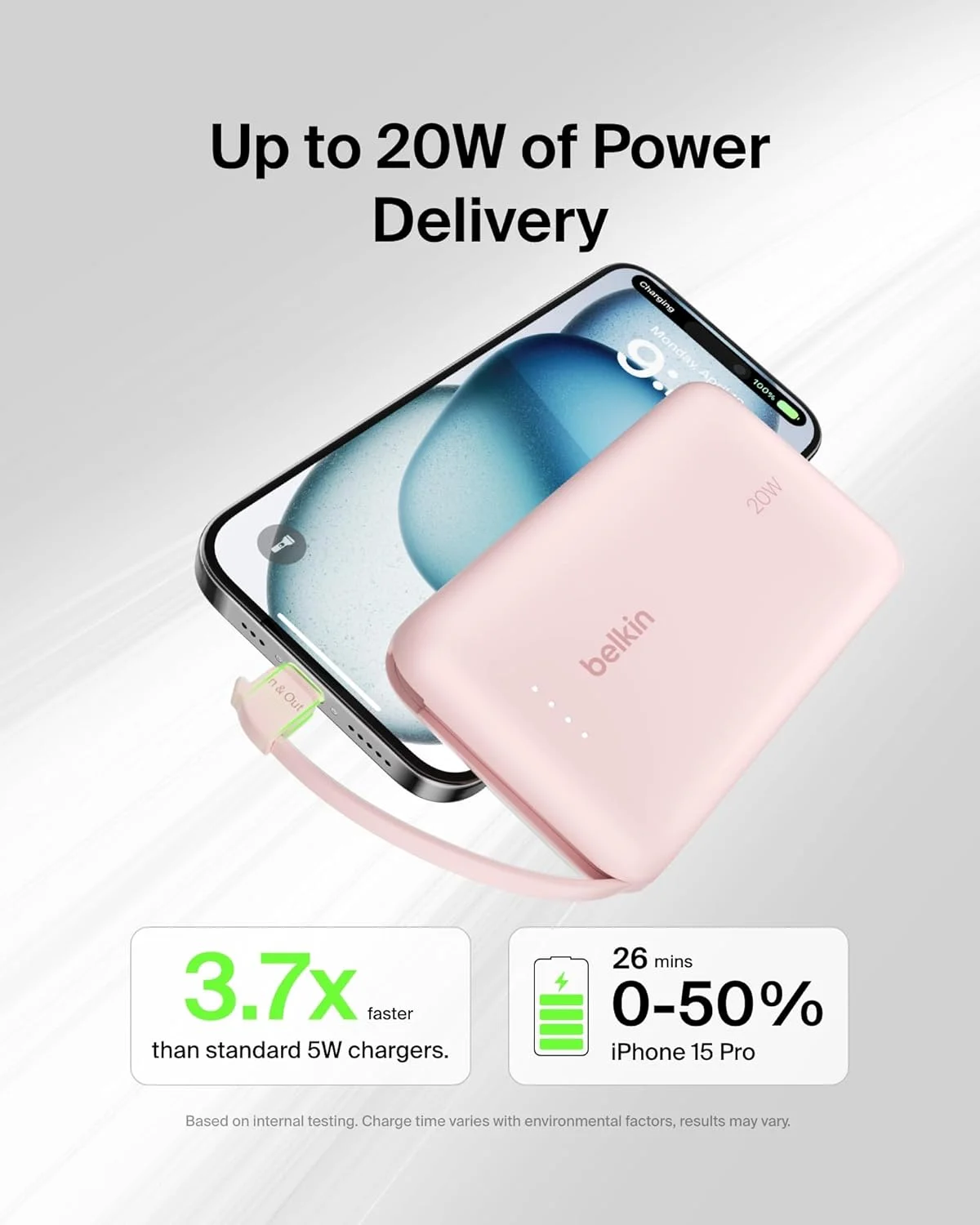 شارژر سریع Belkin، قابل حمل با کابل یکپارچه 10K PD 20W - شارژ سریع - تحویل برق C، شارژ سریع آیفون برای سری آیفون 17، آیپد پرو، گلکسی S25 و غیره