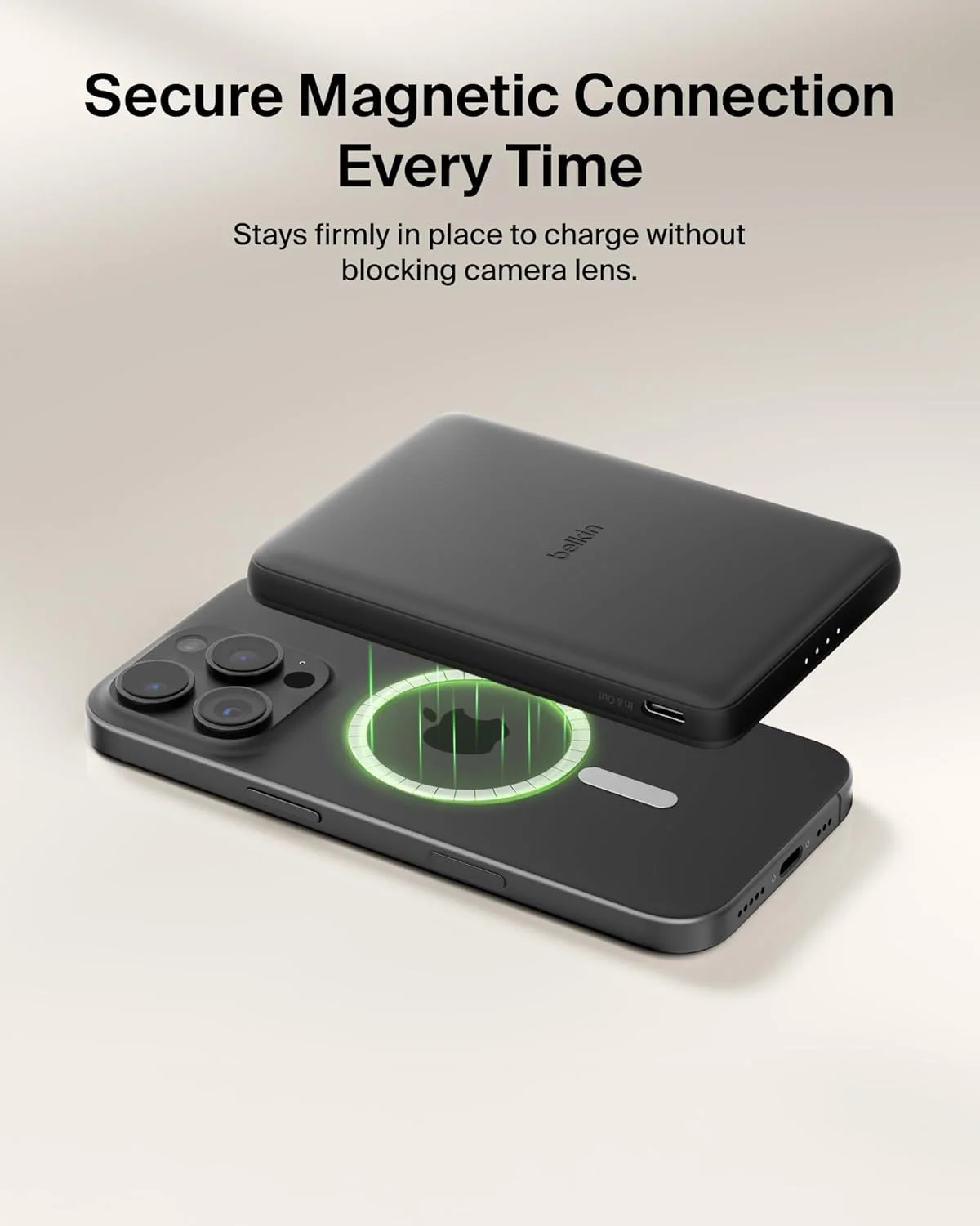 پاور بانک مغناطیسی بلکین BoostCharge با ظرفیت 5000 میلی آمپر ساعت، شارژر قابل حمل باریک با حلقه مغناطیسی و پورت USB C، بسته باتری برای آیفون، گلکسی، پیکسل، آیپد، تبلت - شامل کابل USB C - مشکی