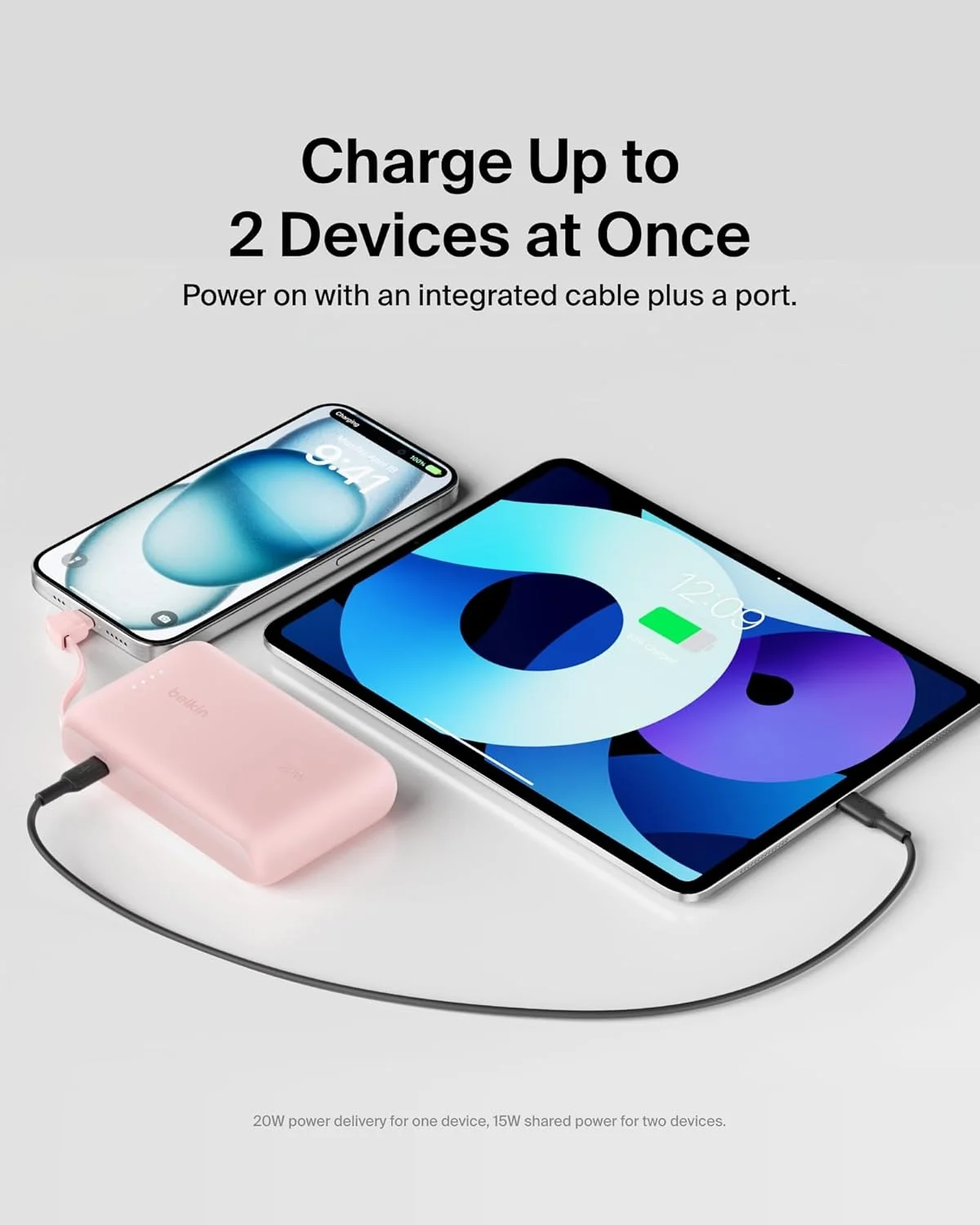 شارژر سریع Belkin، قابل حمل با کابل یکپارچه 10K PD 20W - شارژ سریع - تحویل برق C، شارژ سریع آیفون برای سری آیفون 17، آیپد پرو، گلکسی S25 و غیره