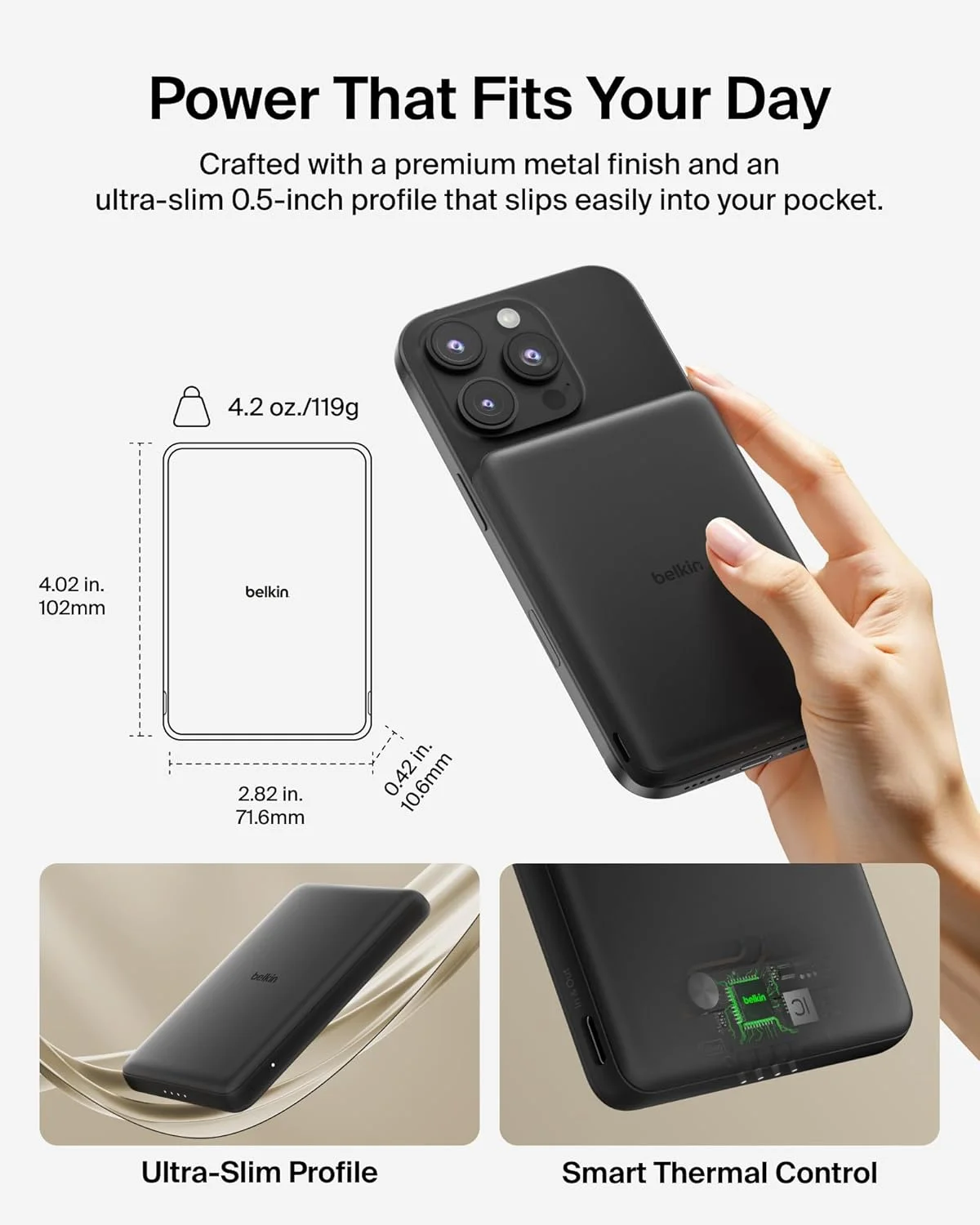 پاور بانک مغناطیسی بلکین BoostCharge با ظرفیت 5000 میلی آمپر ساعت، شارژر قابل حمل باریک با حلقه مغناطیسی و پورت USB C، بسته باتری برای آیفون، گلکسی، پیکسل، آیپد، تبلت - شامل کابل USB C - مشکی
