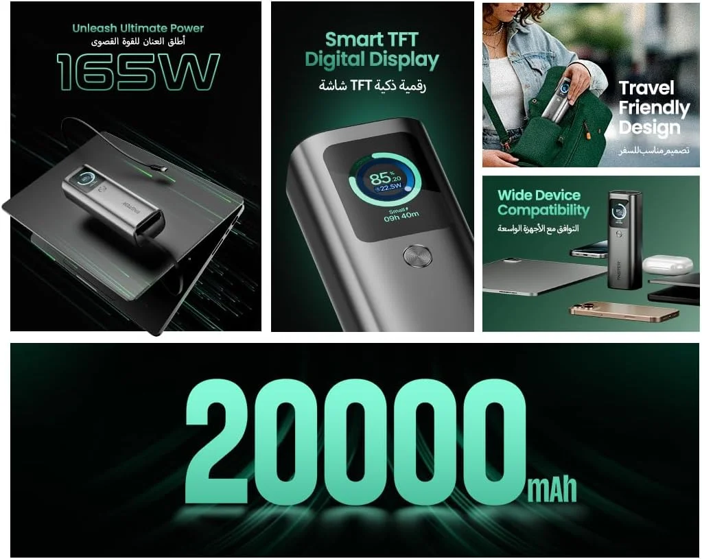 پاور بانک 20000mAh فستر PX165W پاور اکستریم، حداکثر خروجی 165W، کابل USB-C 100W داخلی، درگاه های USB-C + USB-A دوتایی، نمایشگر هوشمند TFT، شارژ سریع PD، مناسب برای سفر