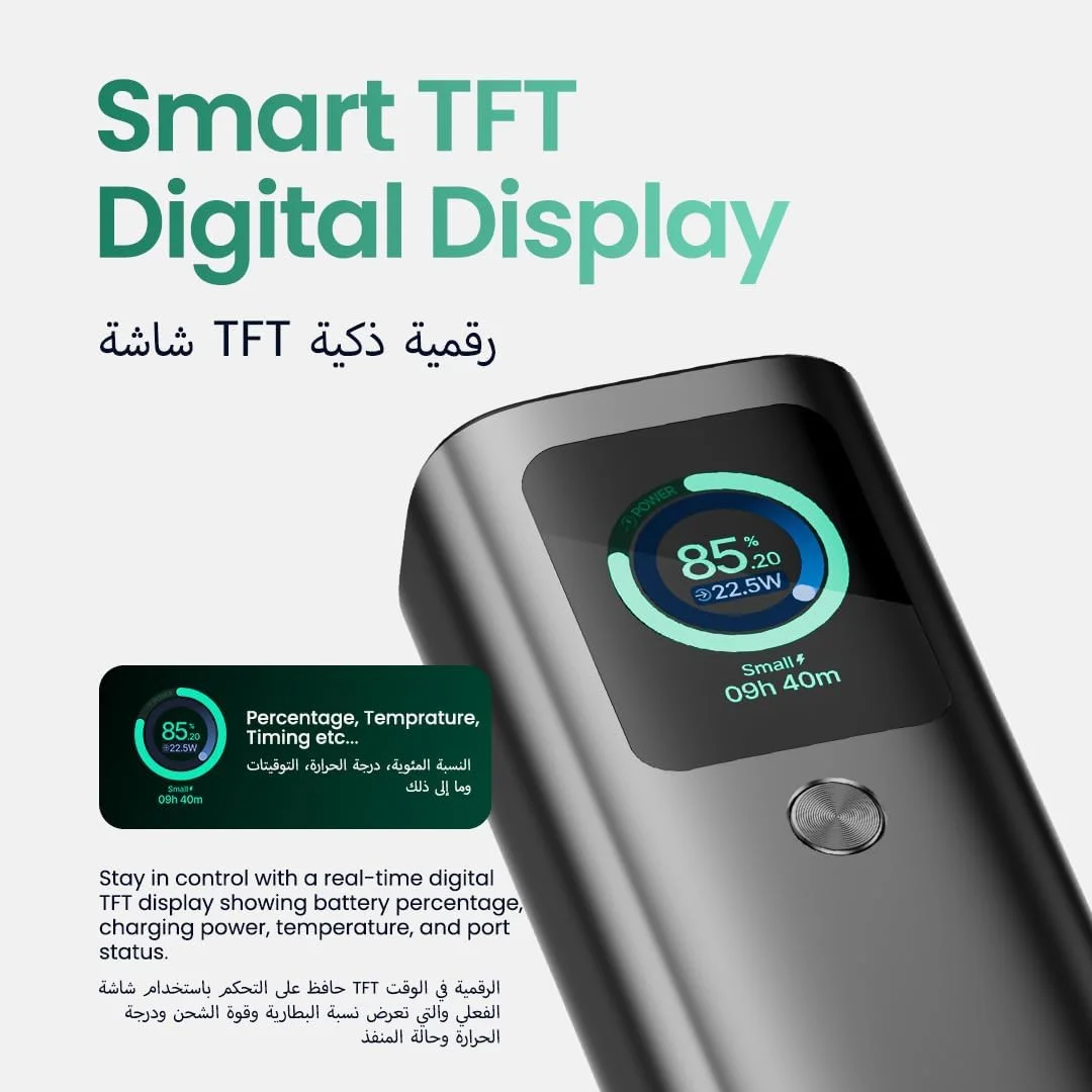 پاور بانک 20000mAh فستر PX165W پاور اکستریم، حداکثر خروجی 165W، کابل USB-C 100W داخلی، درگاه های USB-C + USB-A دوتایی، نمایشگر هوشمند TFT، شارژ سریع PD، مناسب برای سفر