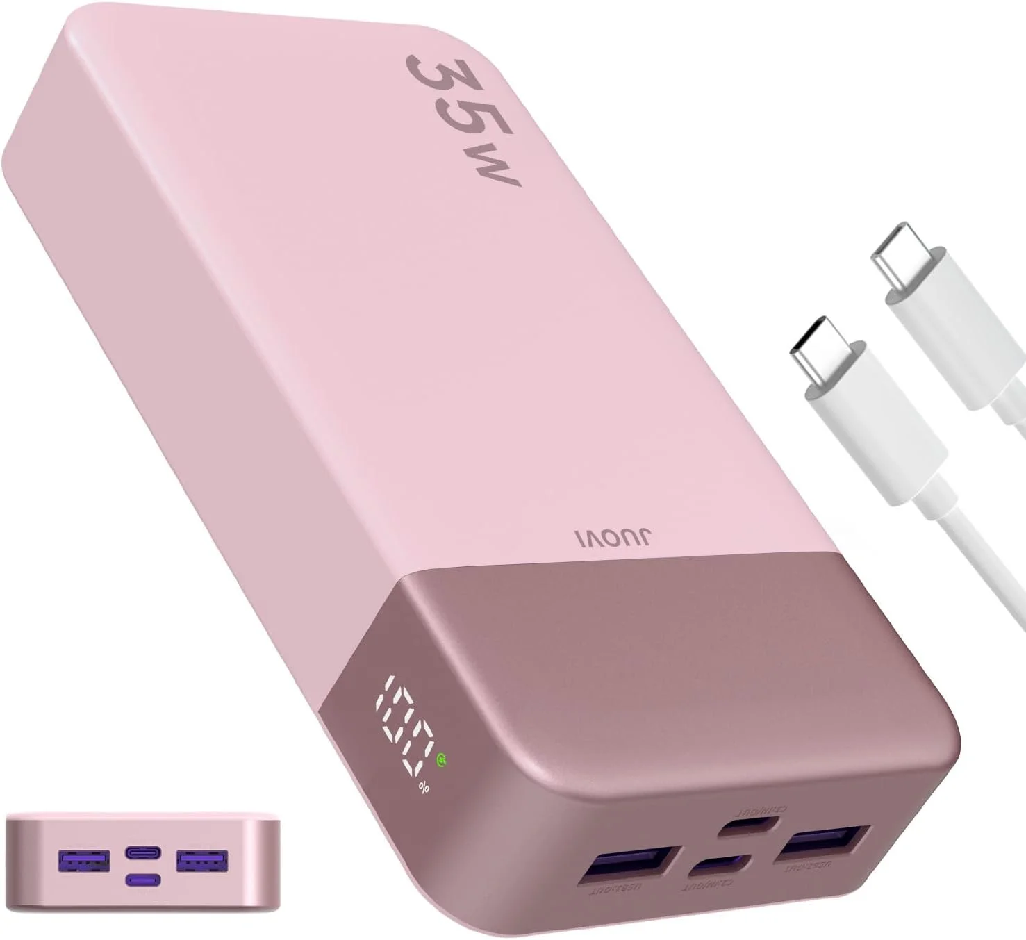 پاور بانک JUOVI J2651 با توان 35 وات و ظرفیت 20000 میلی آمپر ساعت، دارای پورت USB C ورودی و خروجی، بسته باتری با شارژ سریع QC3.0+PD3.0 35W برای هدست بلوتوث، تلفن همراه و تبلت (صورتی)