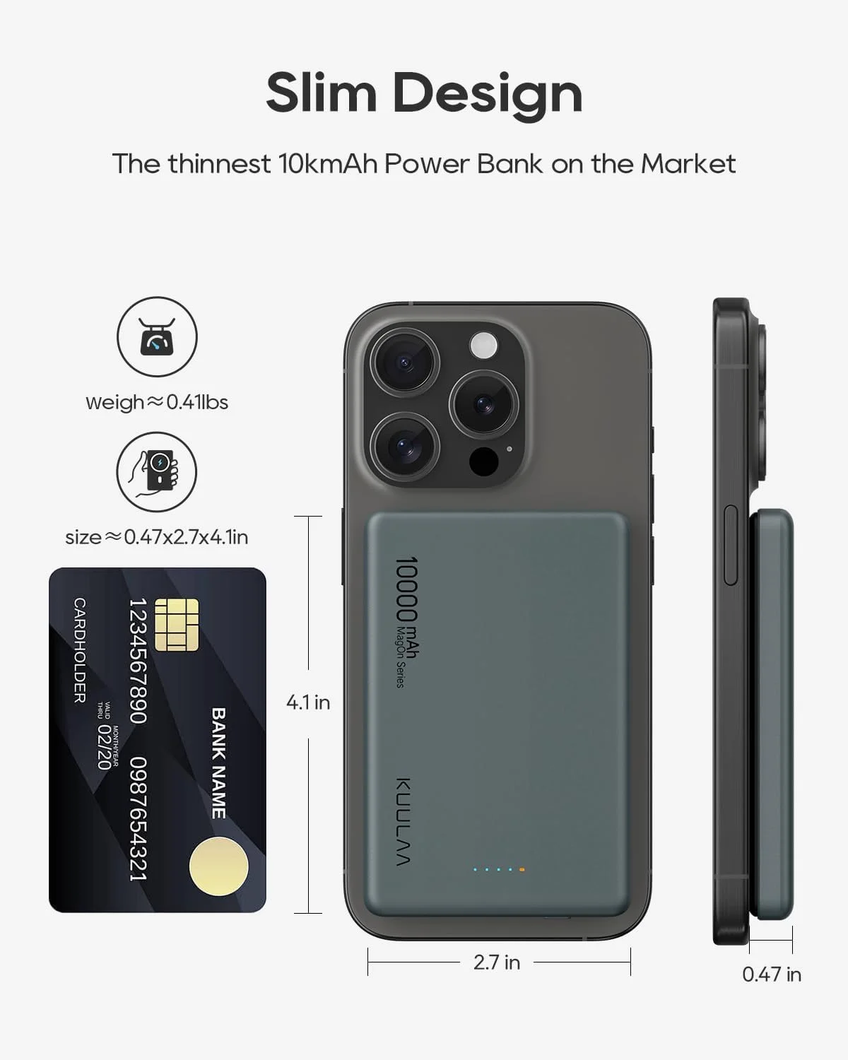 پاور بانک 10000mAh Kuulaa Magsafe، شارژر قابل حمل بی سیم با شارژ سریع، شارژ سیمی PD 20W تلفن همراه، بسته باتری شارژر Magsafe برای سری iPhone 12-16، سامسونگ - خاکستری
