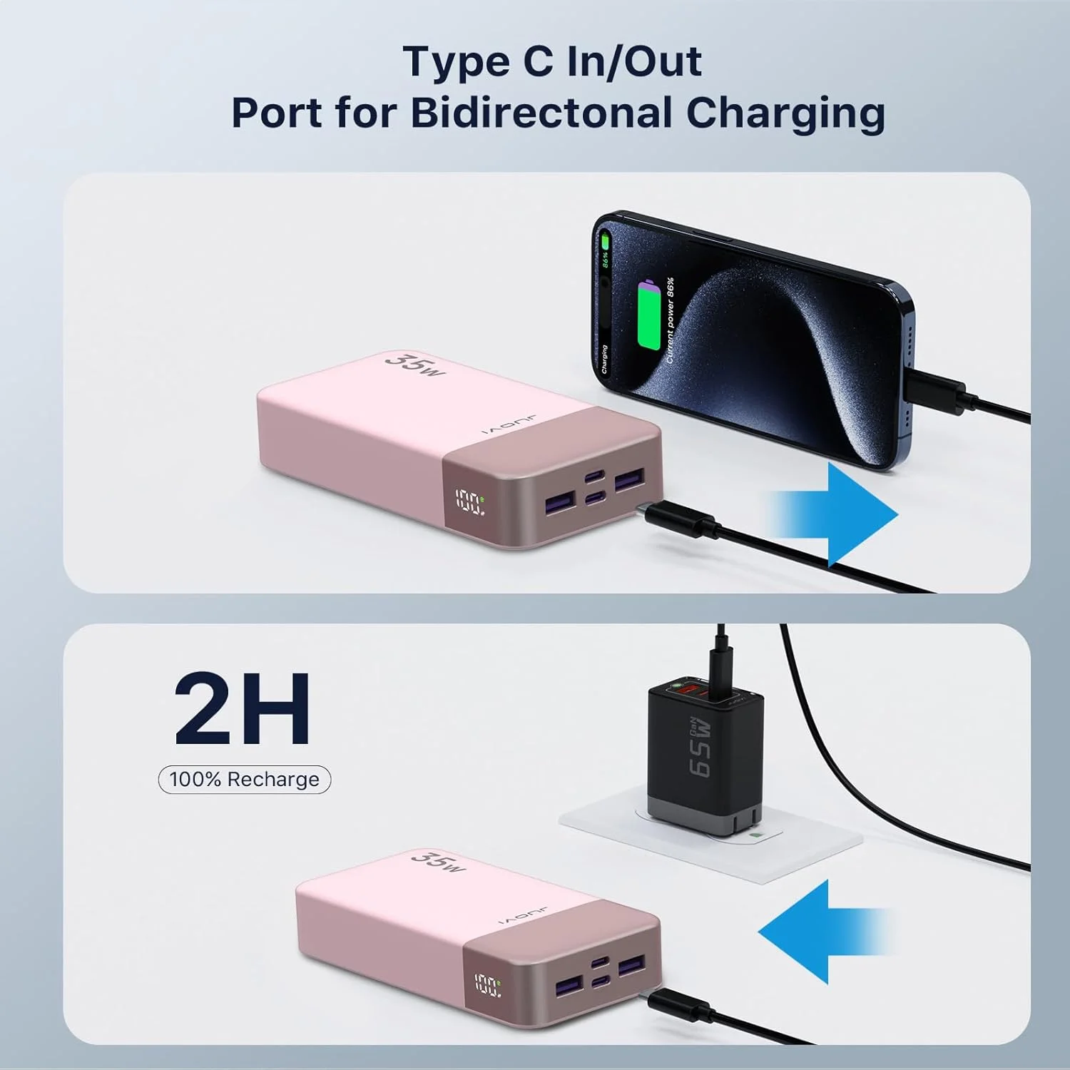 پاور بانک JUOVI J2651 با توان 35 وات و ظرفیت 20000 میلی آمپر ساعت، دارای پورت USB C ورودی و خروجی، بسته باتری با شارژ سریع QC3.0+PD3.0 35W برای هدست بلوتوث، تلفن همراه و تبلت (صورتی)