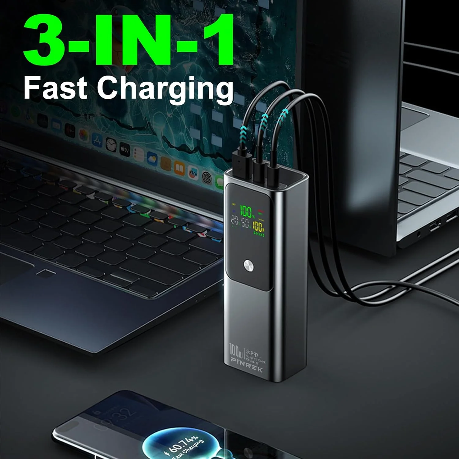 پاور بانک 20000mAh پینرک، پاور بانک قابل حمل با شارژ سریع PD 100W با 2 پورت USB-C و 1 پورت USB-A، سازگار با لپ تاپ مک بوک، سری Galaxy S25/S24/S23، سری iPhone 16/15/14/13