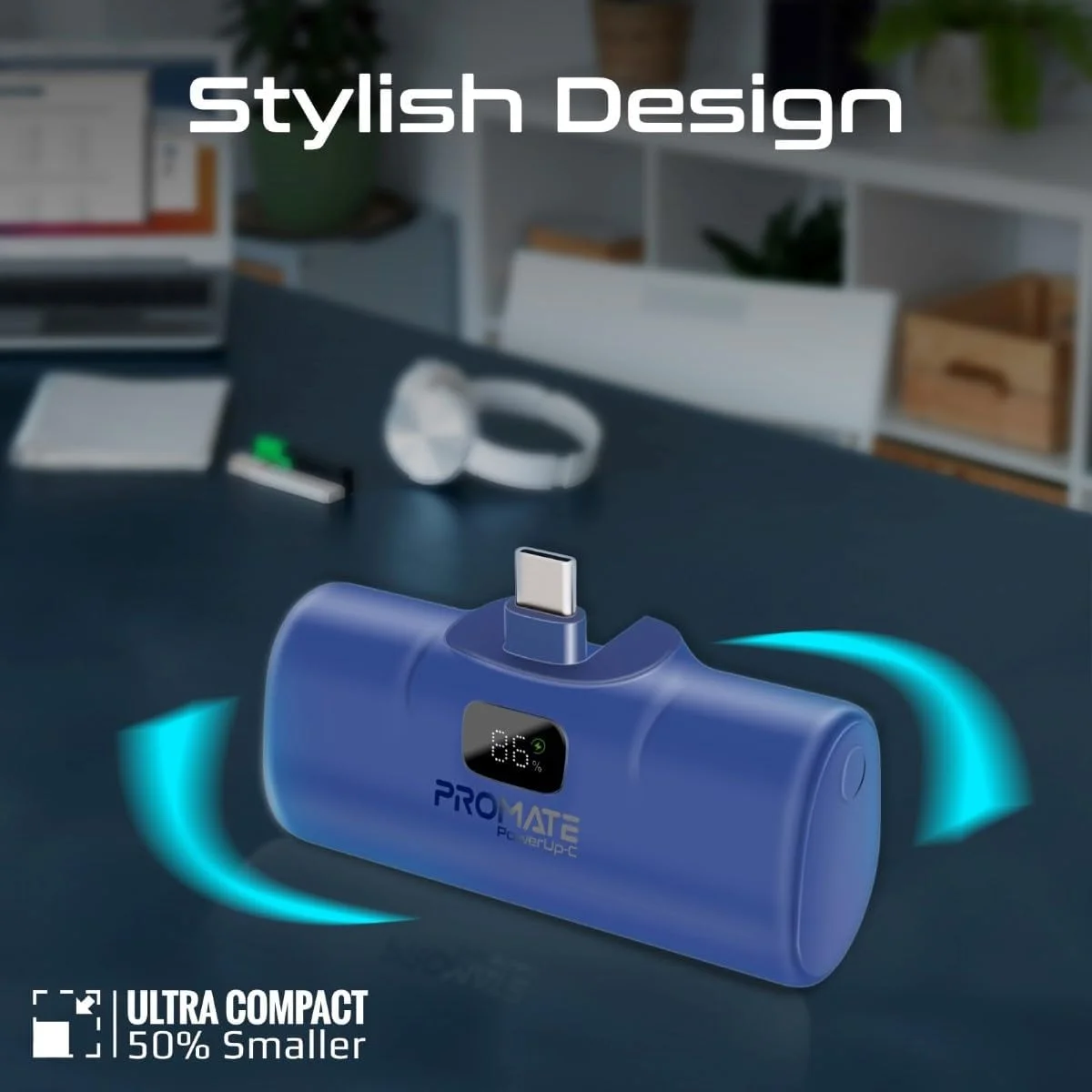 پاوربانک پرومیت، شارژر قابل حمل فوق العاده جمع و جور 5000 میلی آمپر ساعتی، دارای USB-C تاشو 20 واتی داخلی، پورت تحویل انرژی USB-C 20 واتی، صفحه نمایش LED، پایه تاشو برای آیفون 15، گلکسی S23، POWERUP-C.BLUE