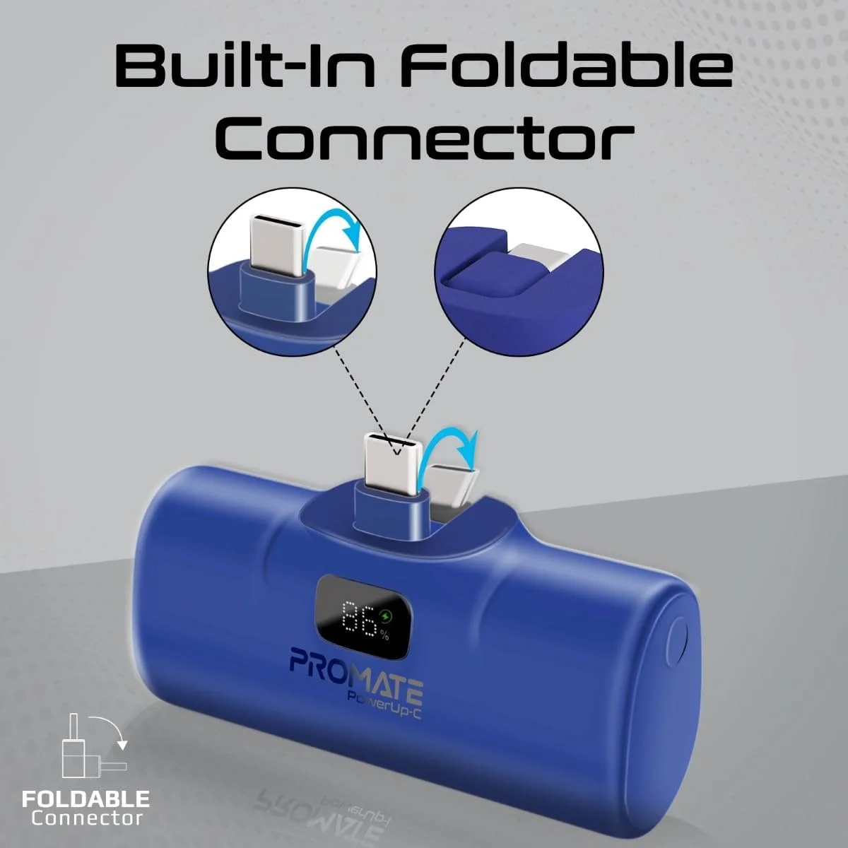 پاوربانک پرومیت، شارژر قابل حمل فوق العاده جمع و جور 5000 میلی آمپر ساعتی، دارای USB-C تاشو 20 واتی داخلی، پورت تحویل انرژی USB-C 20 واتی، صفحه نمایش LED، پایه تاشو برای آیفون 15، گلکسی S23، POWERUP-C.BLUE