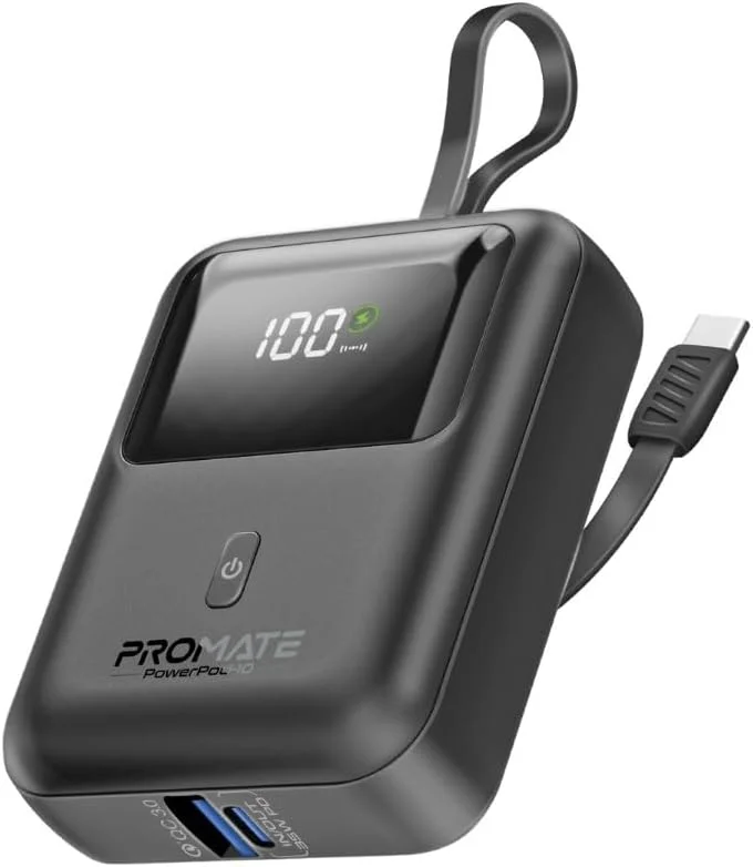 پاور بانک پرومیت، شارژر قابل حمل جمع و جور 10000 میلی آمپر ساعتی، کابل USB-C 35 واتی داخلی، پورت USB-C با توان 35 وات و پورت USB-A QC 3.0 با توان 18 وات برای آیفون 17، گلکسی S25، مدل POWERPOD-10.BLACK