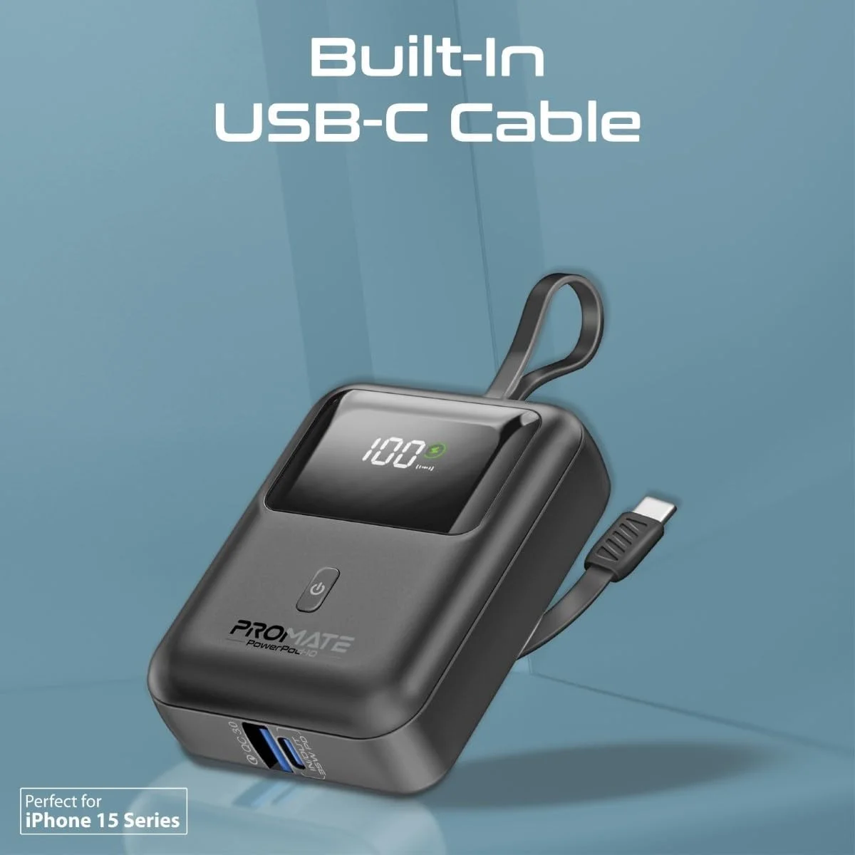پاور بانک پرومیت، شارژر قابل حمل جمع و جور 10000 میلی آمپر ساعتی، کابل USB-C 35 واتی داخلی، پورت USB-C با توان 35 وات و پورت USB-A QC 3.0 با توان 18 وات برای آیفون 17، گلکسی S25، مدل POWERPOD-10.BLACK