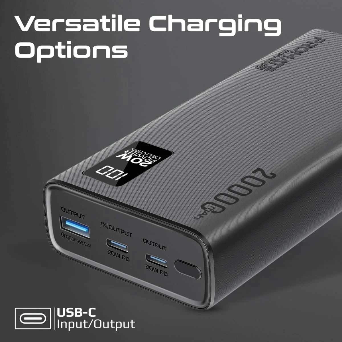 پاوربانک فوق العاده باریک 20000 میلی آمپر ساعتی پرومیت مدل Bolt-20PD با پورت ورودی/خروجی USB-C 20 واتی، خروجی QC 3.0، پورت های USB-C، نمایشگر LCD و محافظت در برابر گرمای بیش از حد برای تلفن های هوشمند و تبلت ها